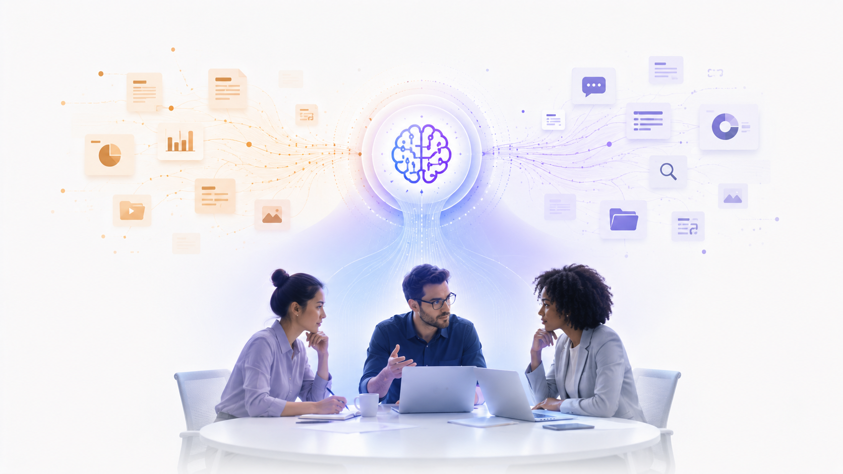 Researchers and product leaders using an AI knowledge system to access and apply UX research insights.