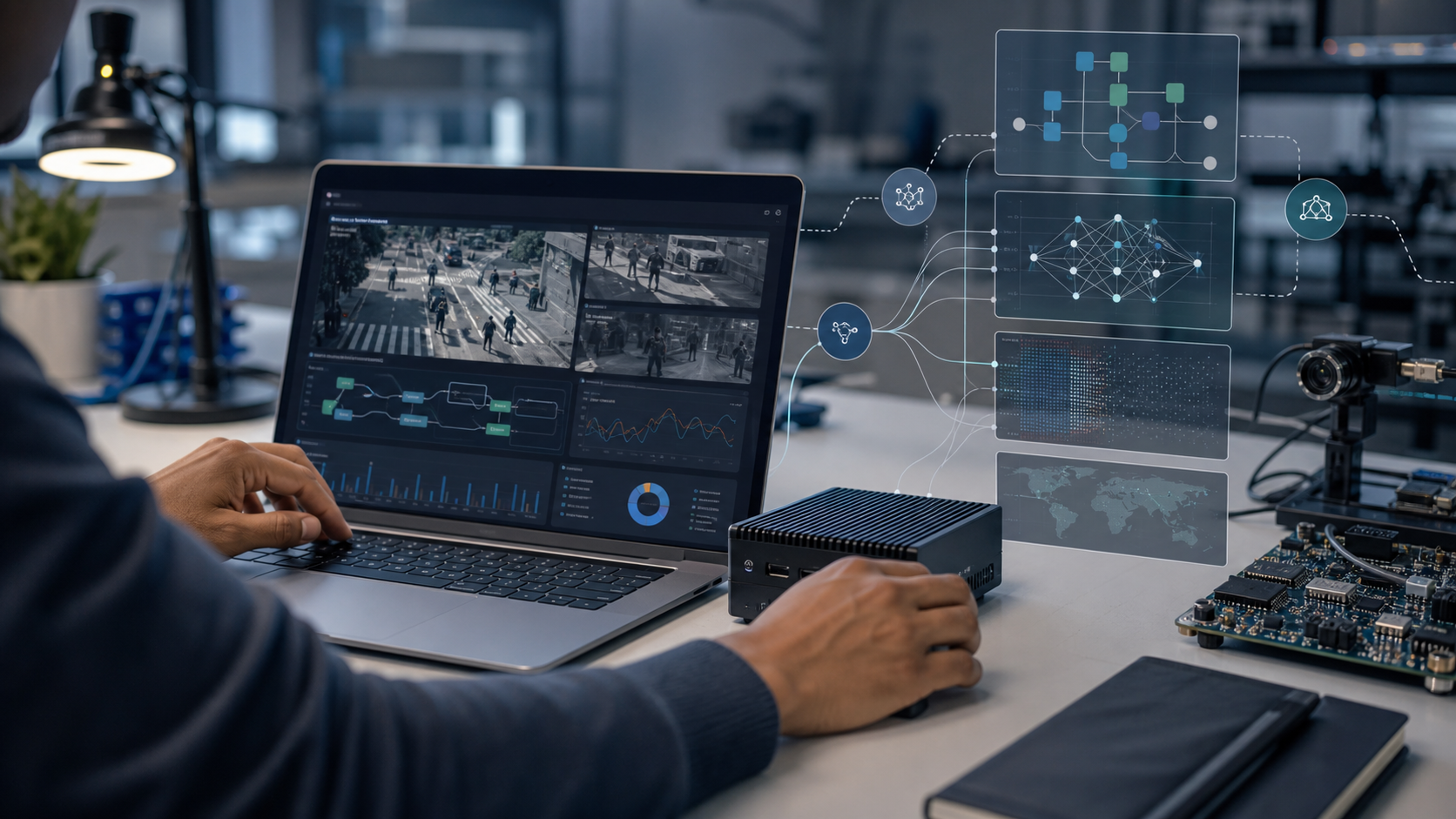 a person's arms and hands at a laptop with AI symbols