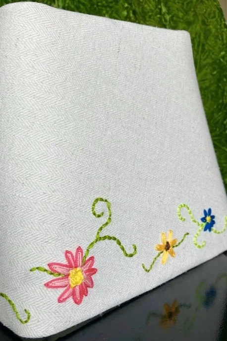 Canvas rectangular lampshade with floral embroidery along the bottom