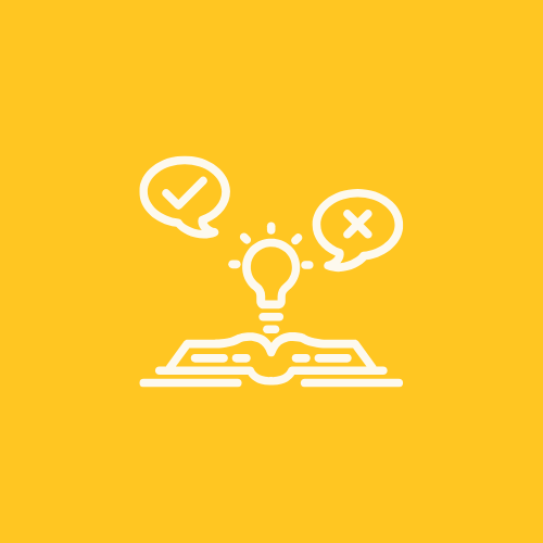 Open book with a lightbulb icon above it, flanked by a check mark and an X inside speech bubbles, on a yellow background.
