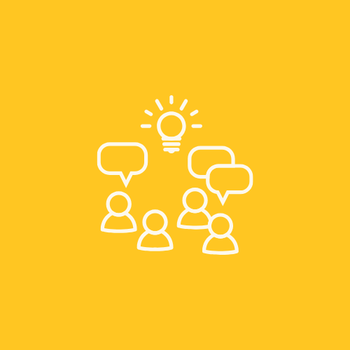 Illustration of four people with speech bubbles and a lightbulb above them, representing brainstorming or idea sharing.