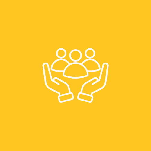 Outline of two hands holding a group of three people on a yellow background.