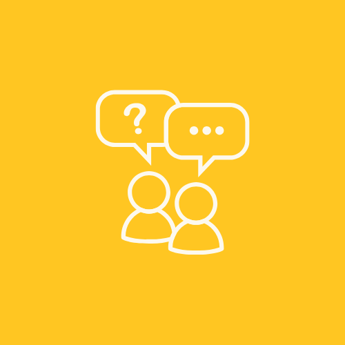 Two cartoon figures talking with speech bubbles, one with a question mark and the other with three dots.