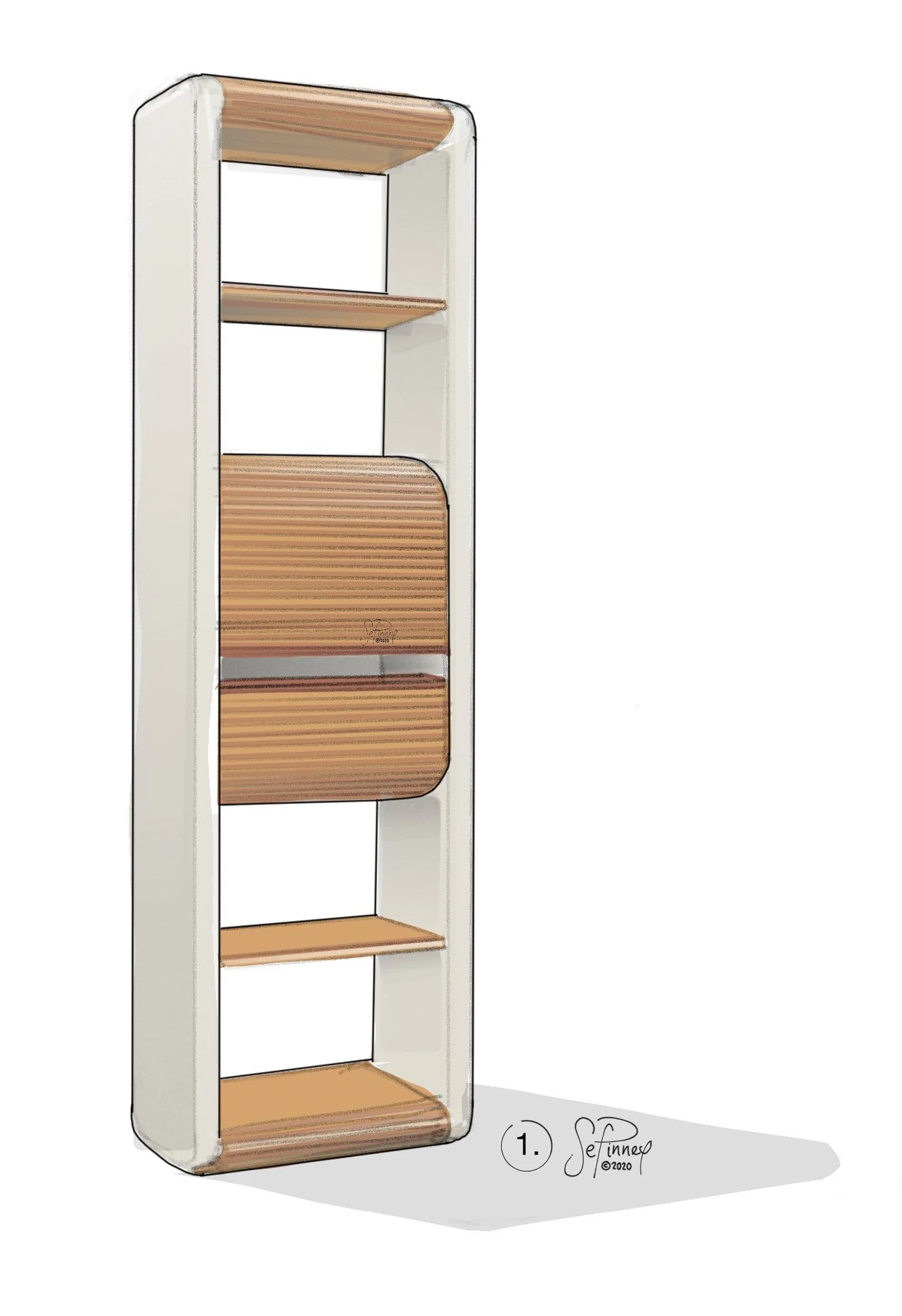 Tambour Storage Tower — Slim shelving with a tambour enclosure, combining open display and concealed storage within a rounded frame.