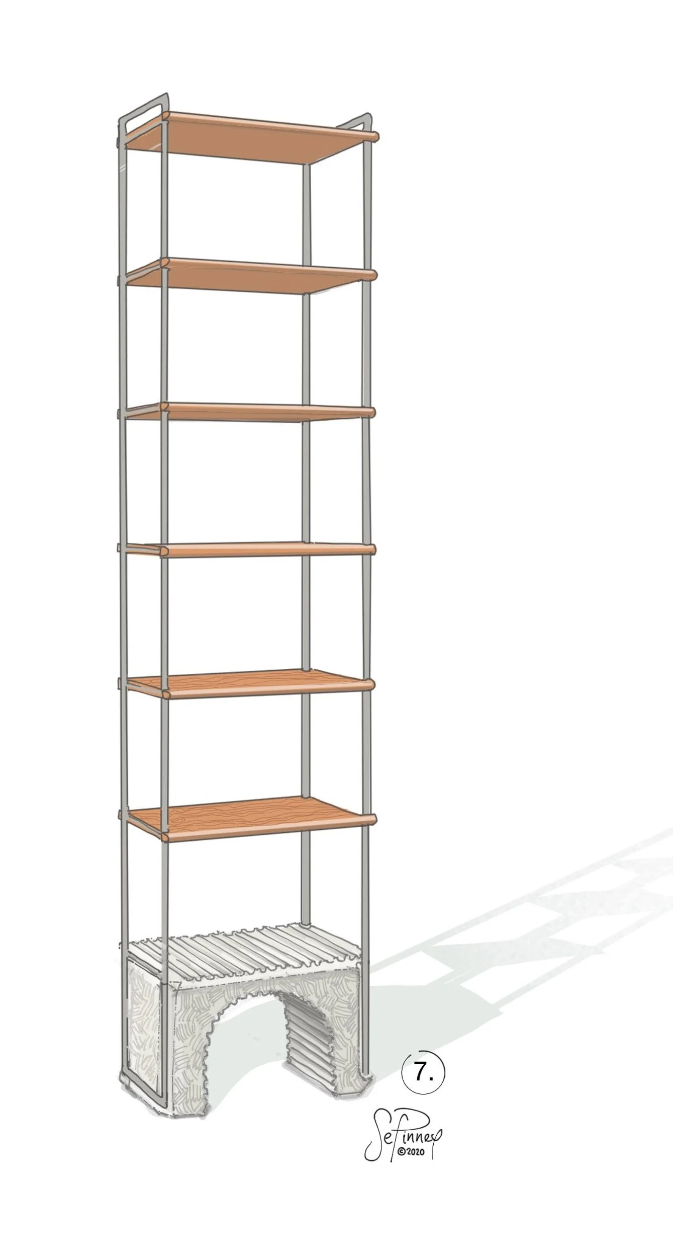 Tall Shelving Study — A vertical storage concept with a foundational mass supporting an elevated, open silhouette.
