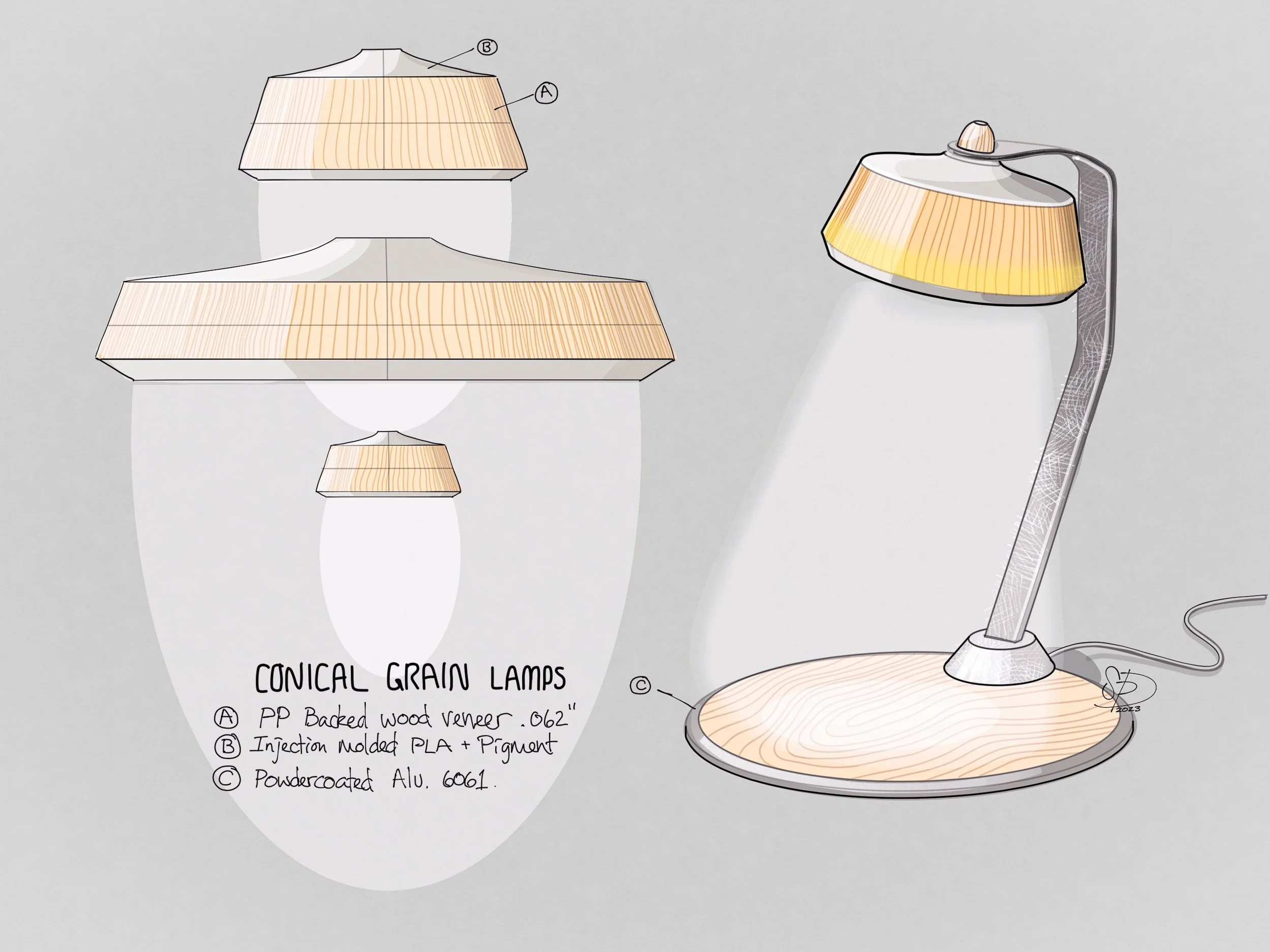 Conical Grain Lamps — Task lighting with backlit thin wood veneer and 3D-printed shade bezels, combining diffused light with upward bounce lighting.