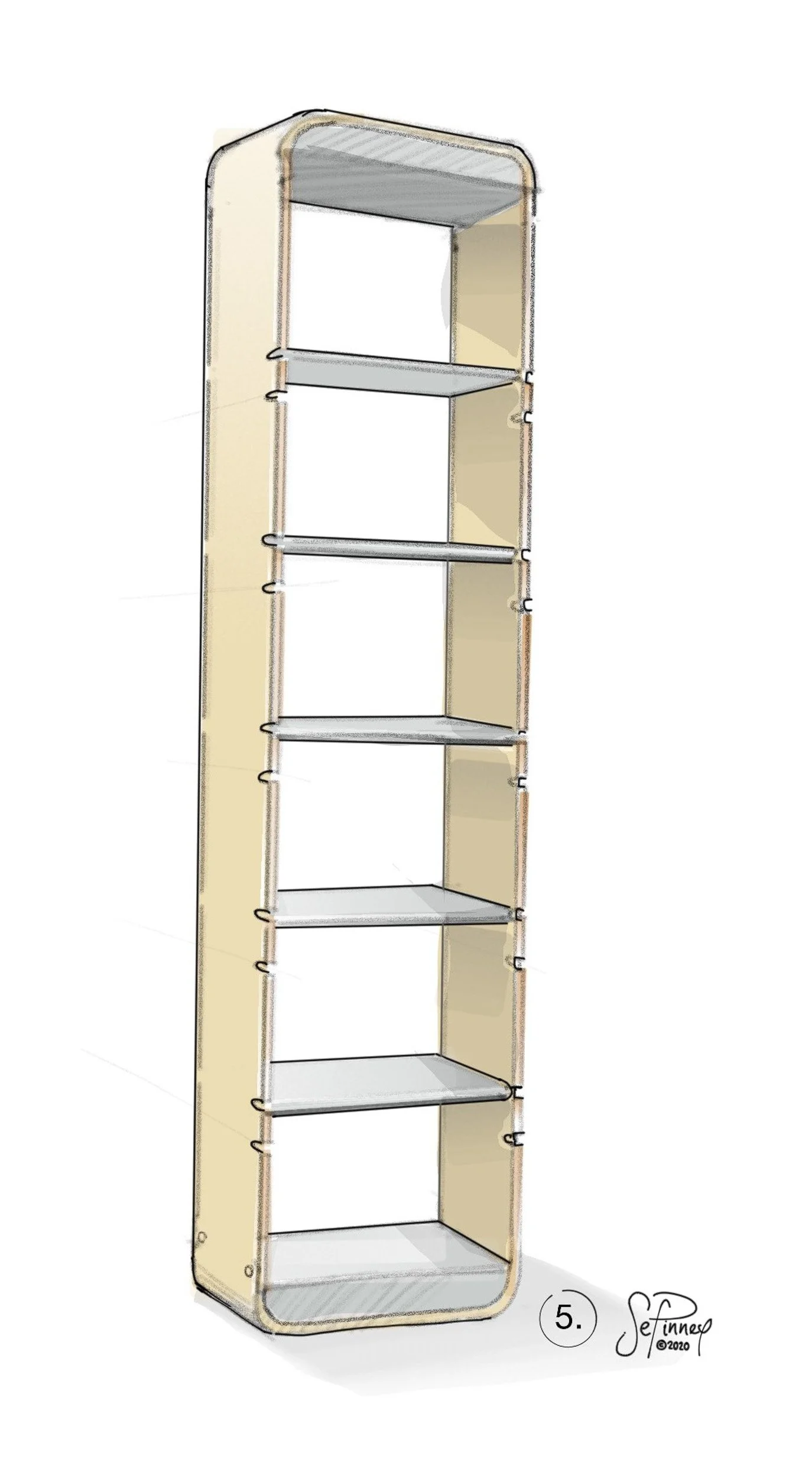 Plywood and Metal Shelving — A rounded plywood frame with slender metal shelves, exploring the contrast between a continuous outer shell and lightweight storage surfaces.
