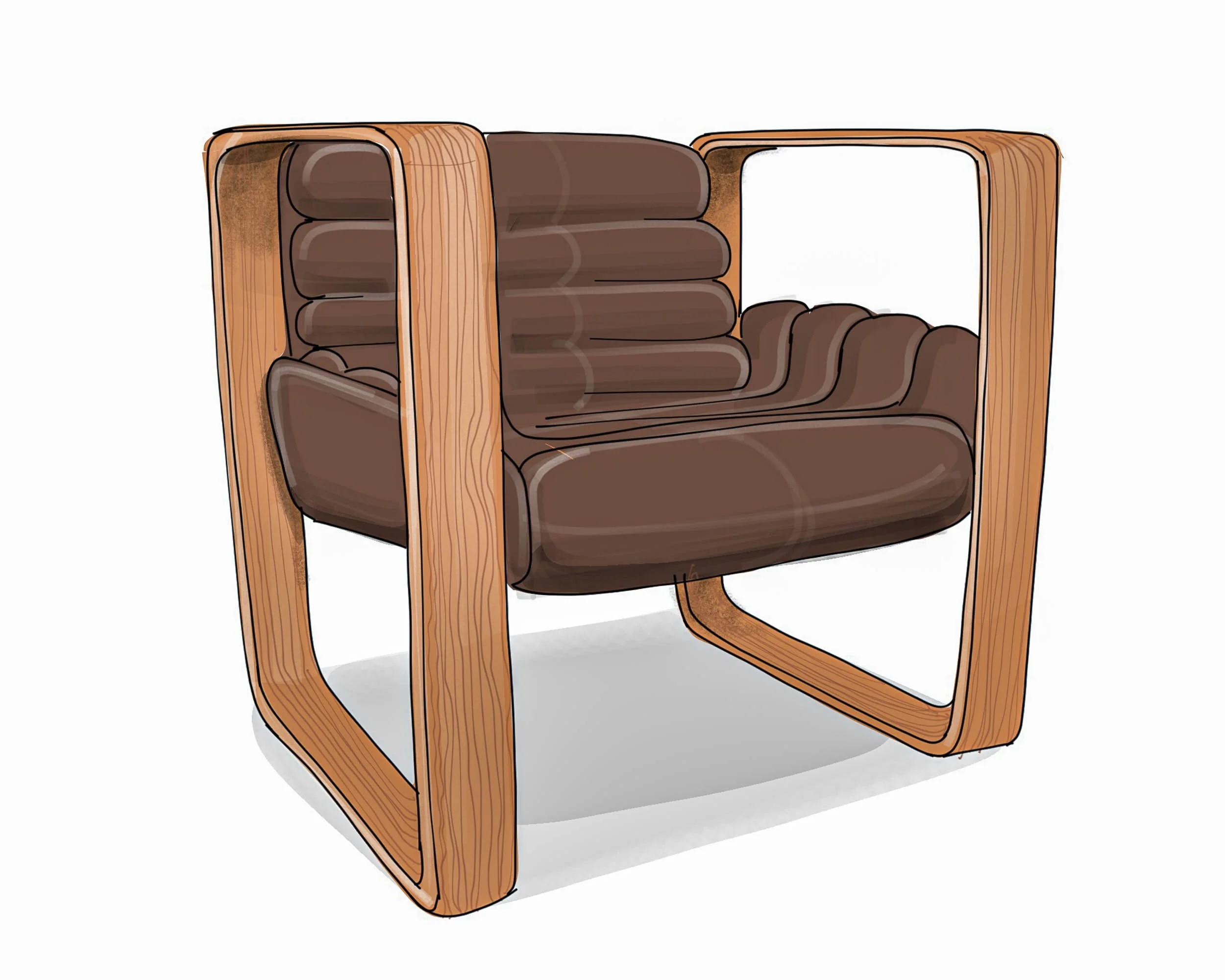Lounge Chair — Rounded rectangular frames in laminated hardwood surround ribbed pineapple-leather upholstery.