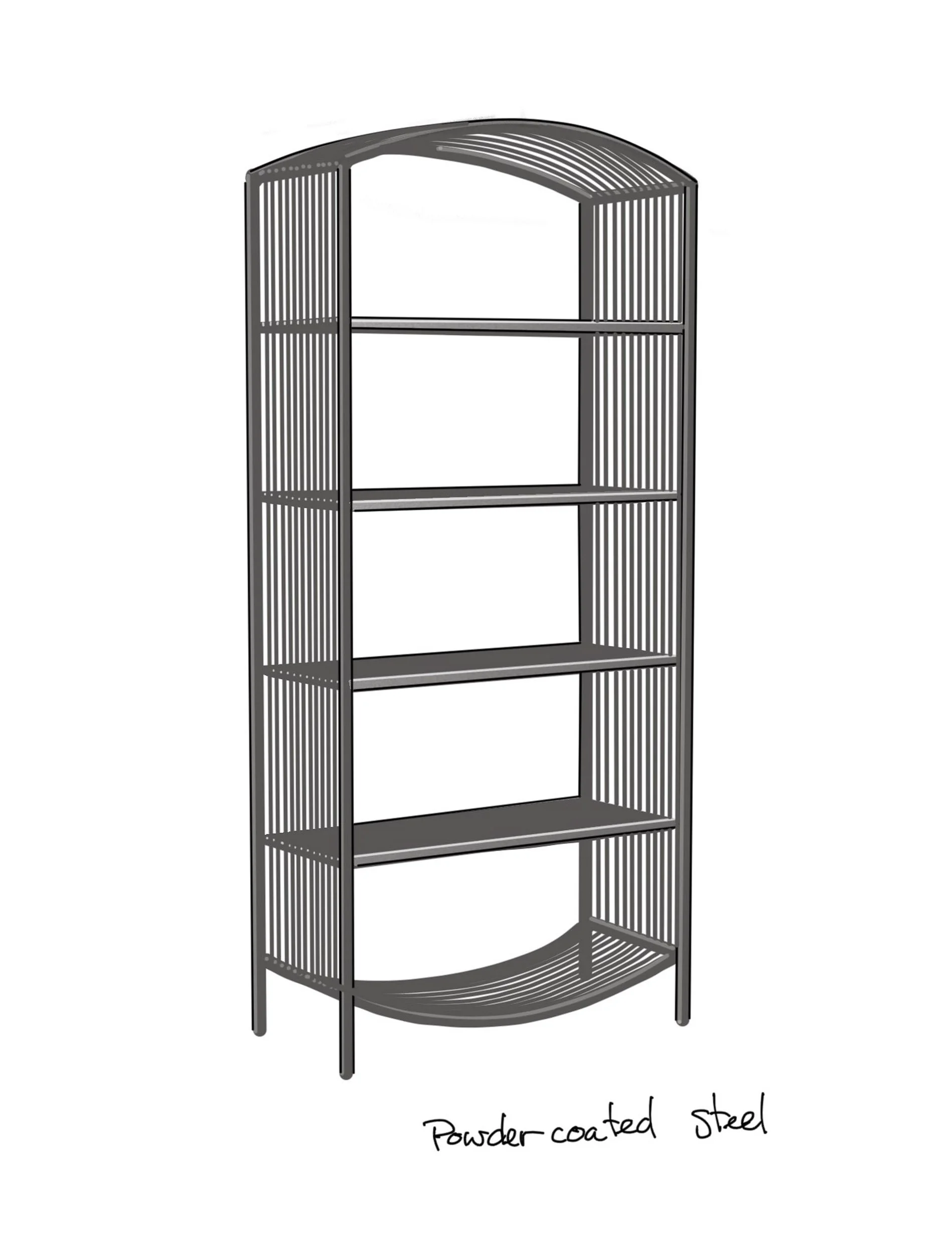 Open Mesh Shelving — An arched shelving concept with a fine metal framework, exploring transparency, repeated lines, and lightweight construction.