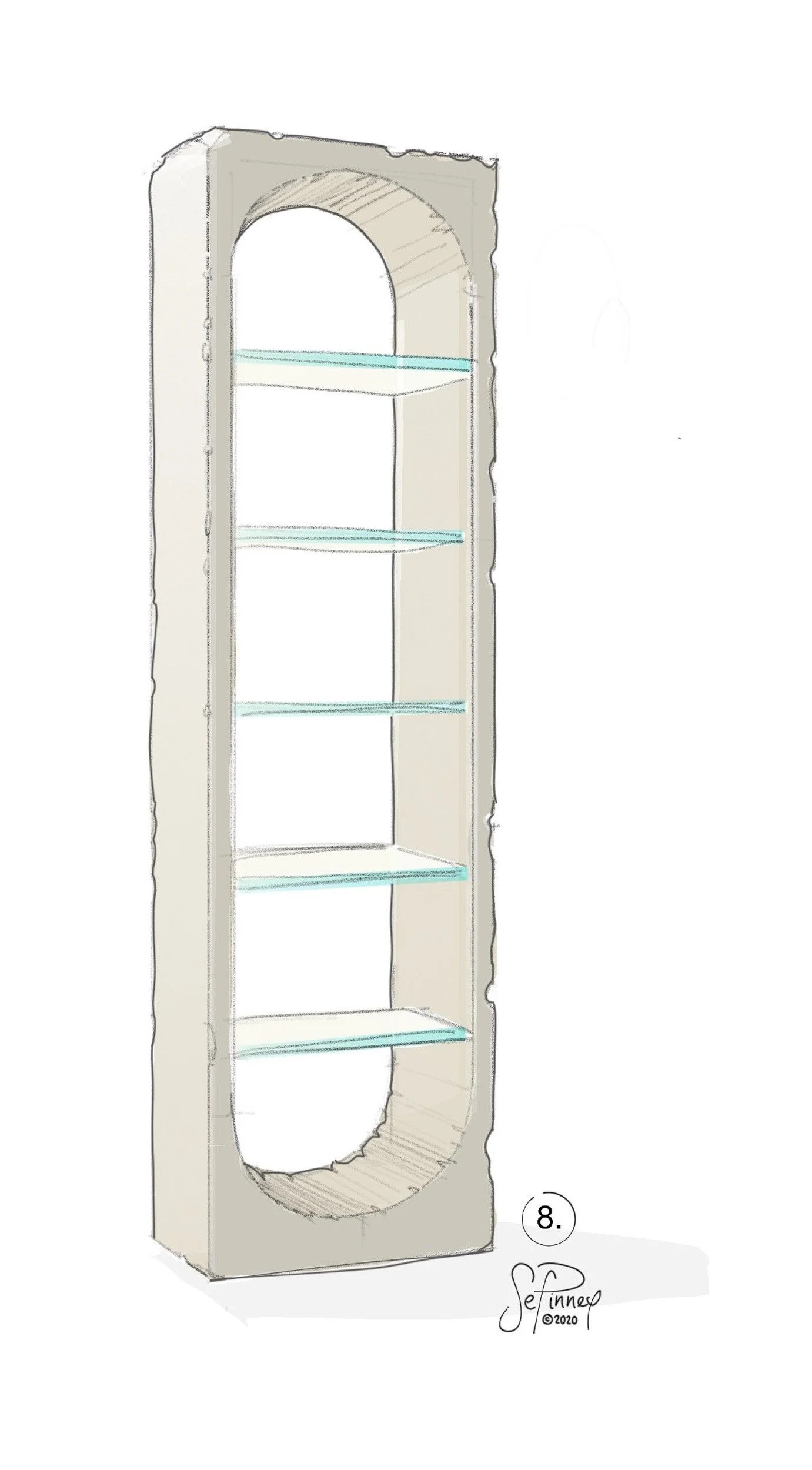 Plaster and Glass Shelving — Sculptural plaster supports evoke a classical stone artifact, contrasting  with glass shelf transparency.