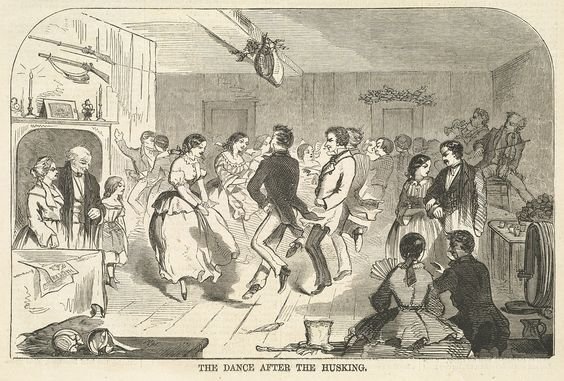  1840s black and white illustration of a line of couples dancing in a rustic room, with a fiddler and a horn player in the background 