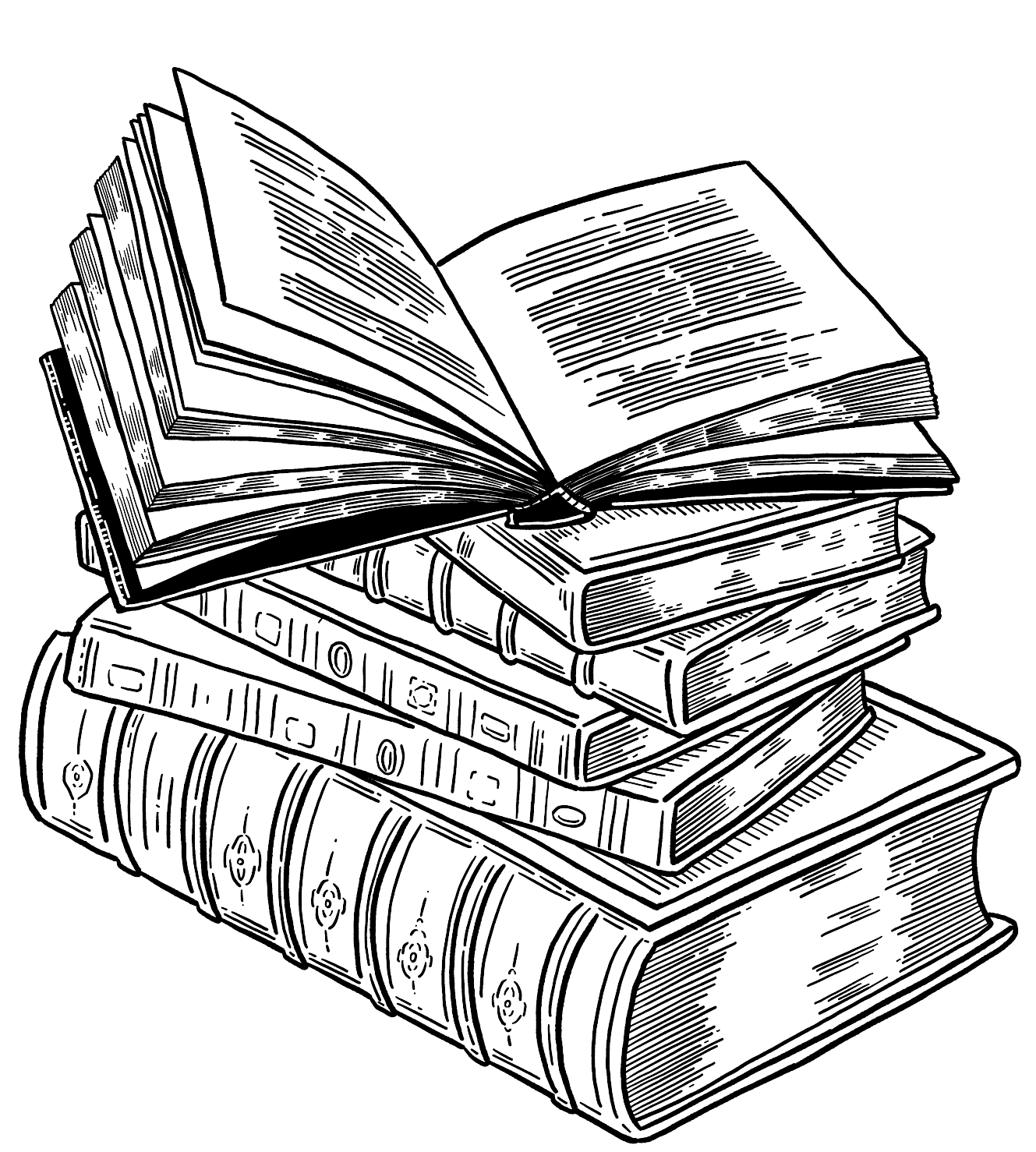 line illustration of a stack of books, with the top book open