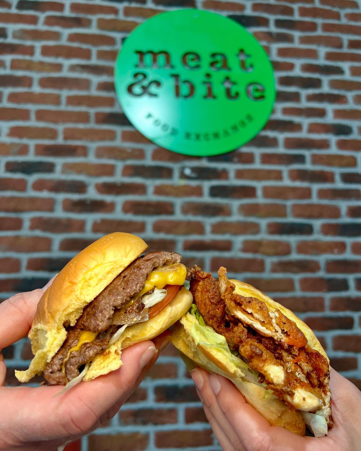 Rainy days got you down? Come cozy up with our juicy Chicken Sandwich and mouthwatering Smashed Burger &mdash; the comfort food you need this week. Let the flavors lift your spirits! 

#raleigh #meatnbite #raleighburgers #smashedburger #coneydogs #ra