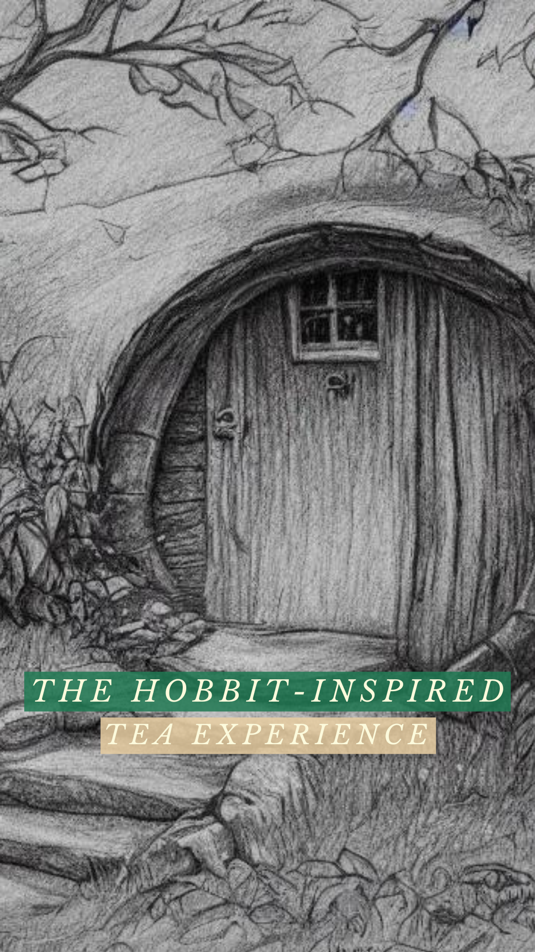 Illustration of a round wooden door under a hillside with plants, captioned 'The Hobbit-Inspired Tea Experience.'