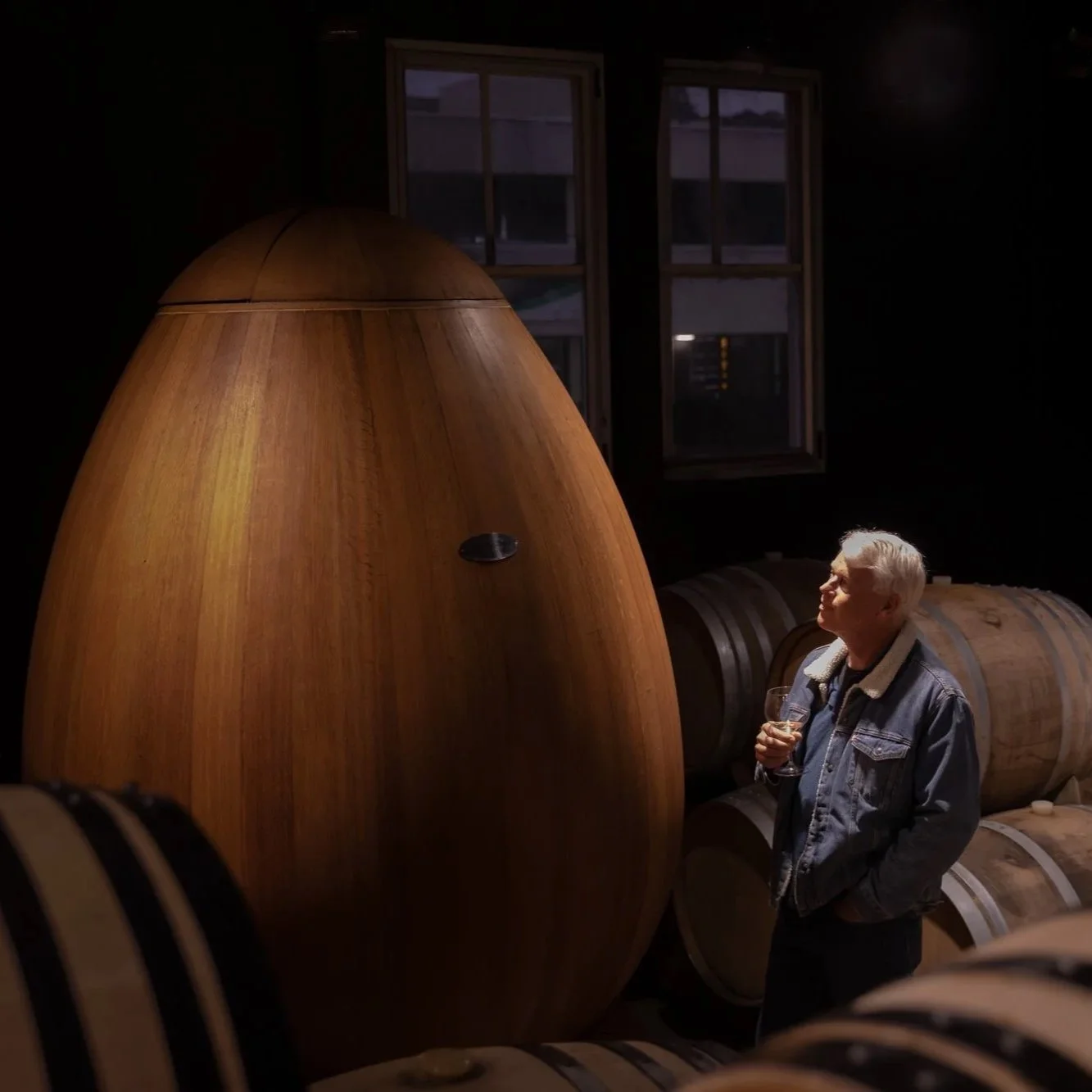 Eva Bradley is a commercial photographer in Napier, Hawke's Bay and took this photo of a chardonnay egg and the winemaker in the cellar of Urban Winery.
