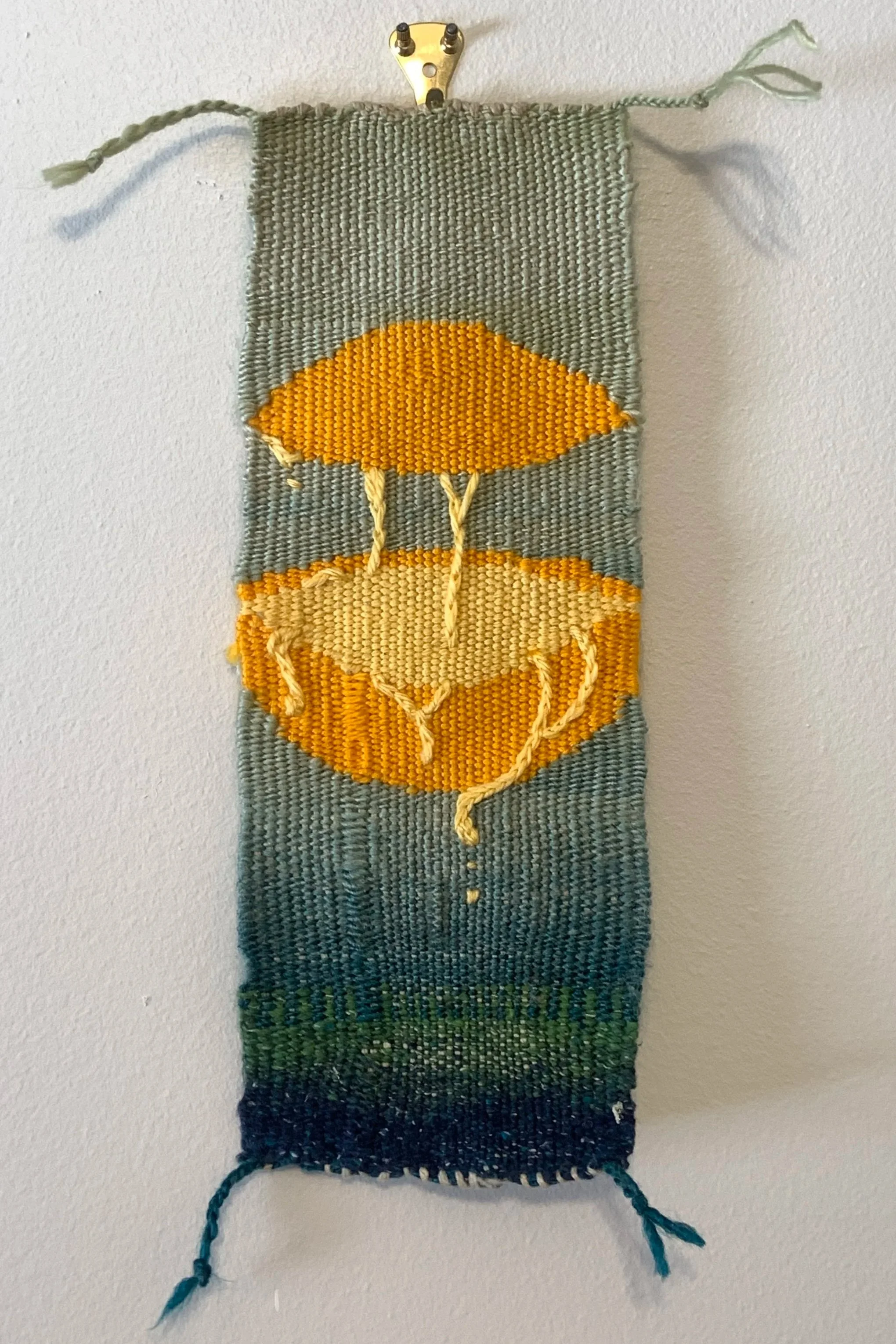 golden drops - 2025, 4x12"
handwoven yarn tapestry with overstitching