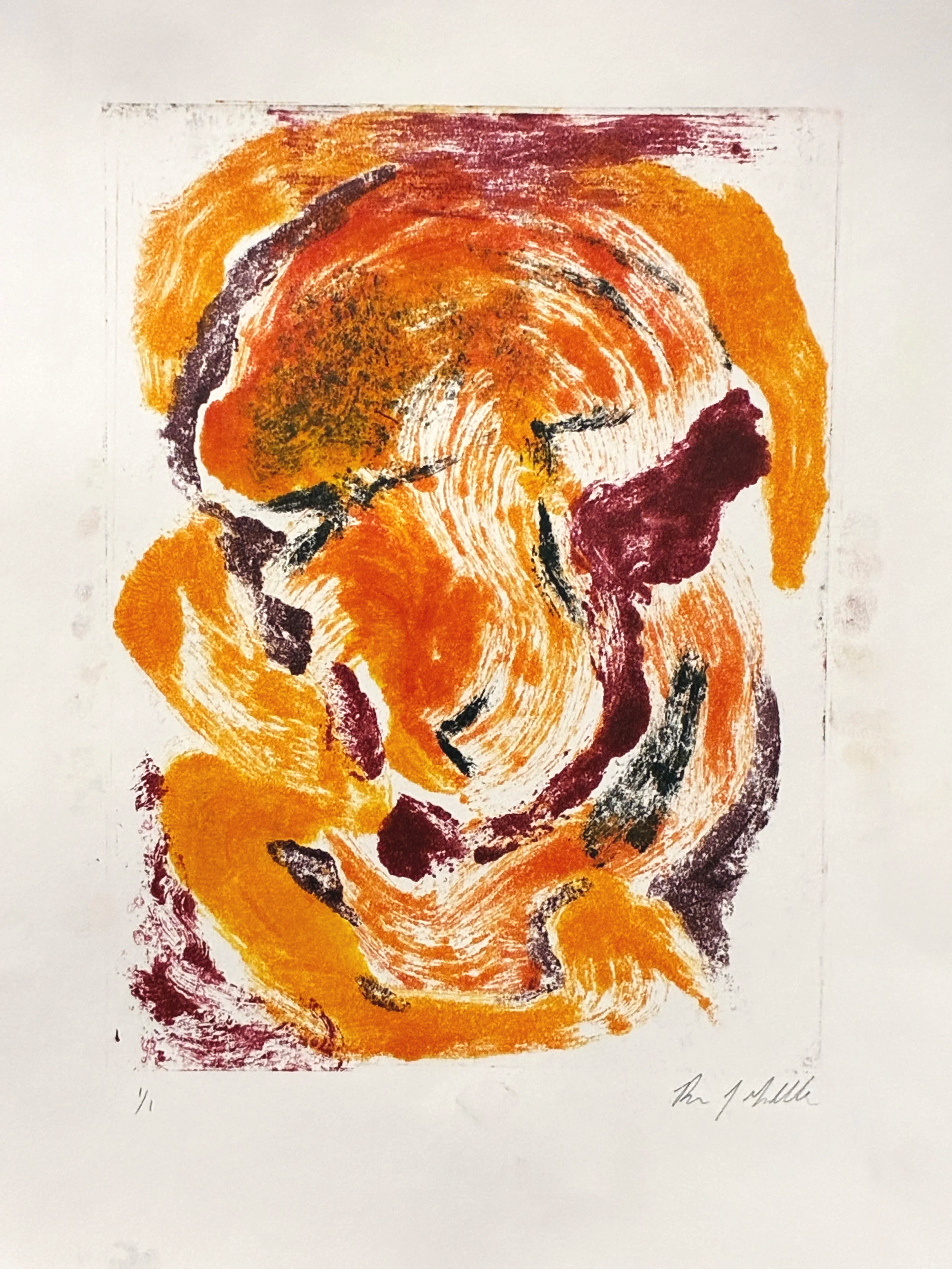 An abstract print with swirling brushstrokes in shades of orange, red, black, and white.