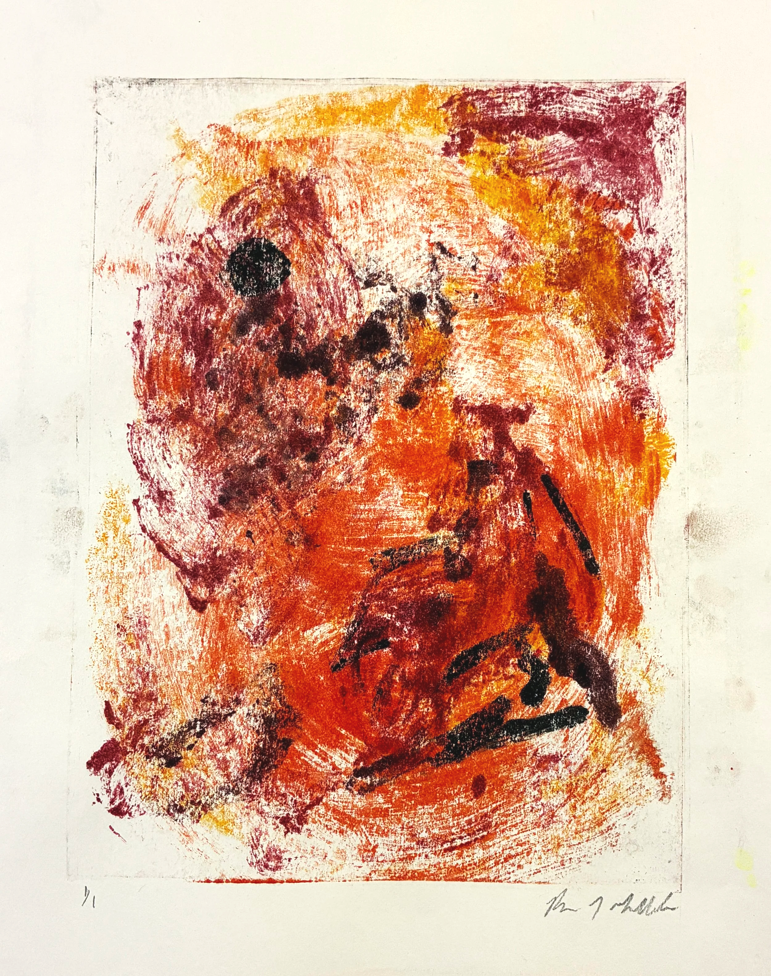 An abstract print with vibrant red, orange, and yellow hues, featuring black marks and a signature at the bottom right.