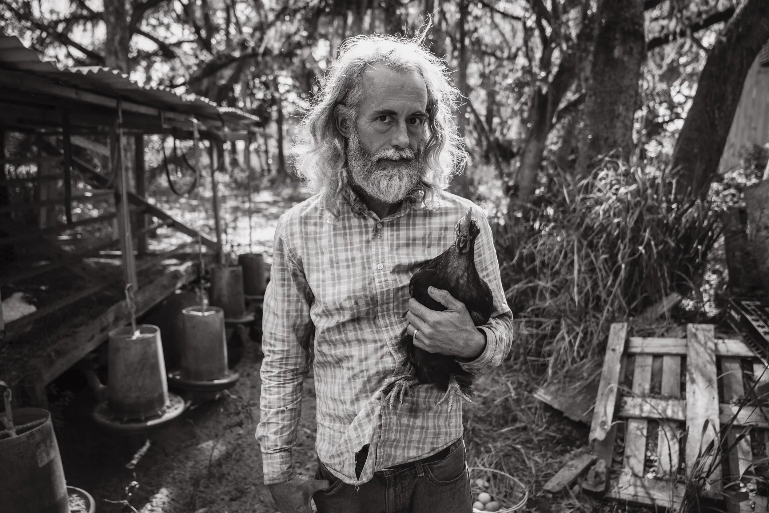 portrait of man holding chicken