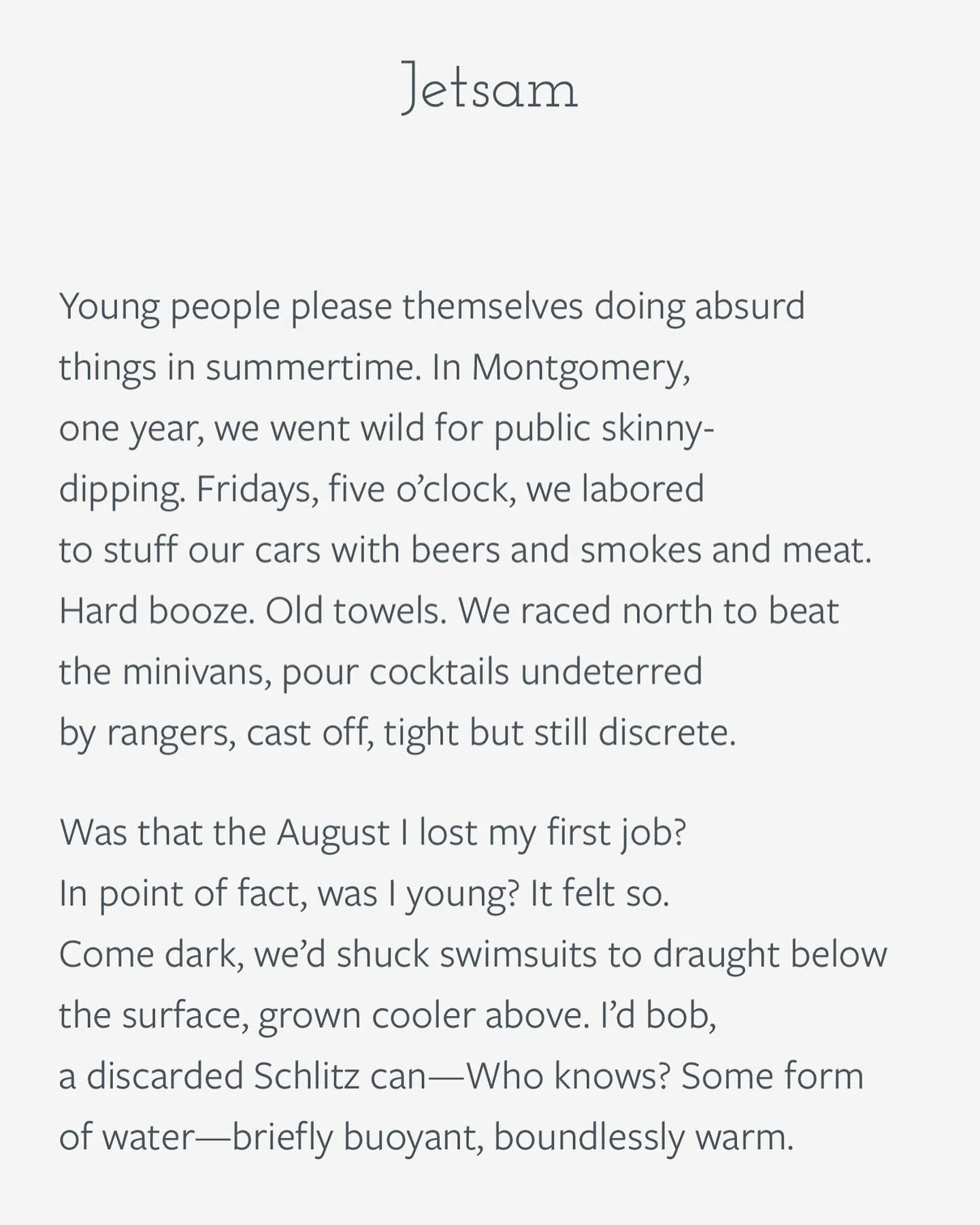 Manny Blacksher&rsquo;s &ldquo;Jetsam&ldquo;: &ldquo;Young people please themselves doing absurd things in summertime.&rdquo; 

Summer Folio, Abraxas Review