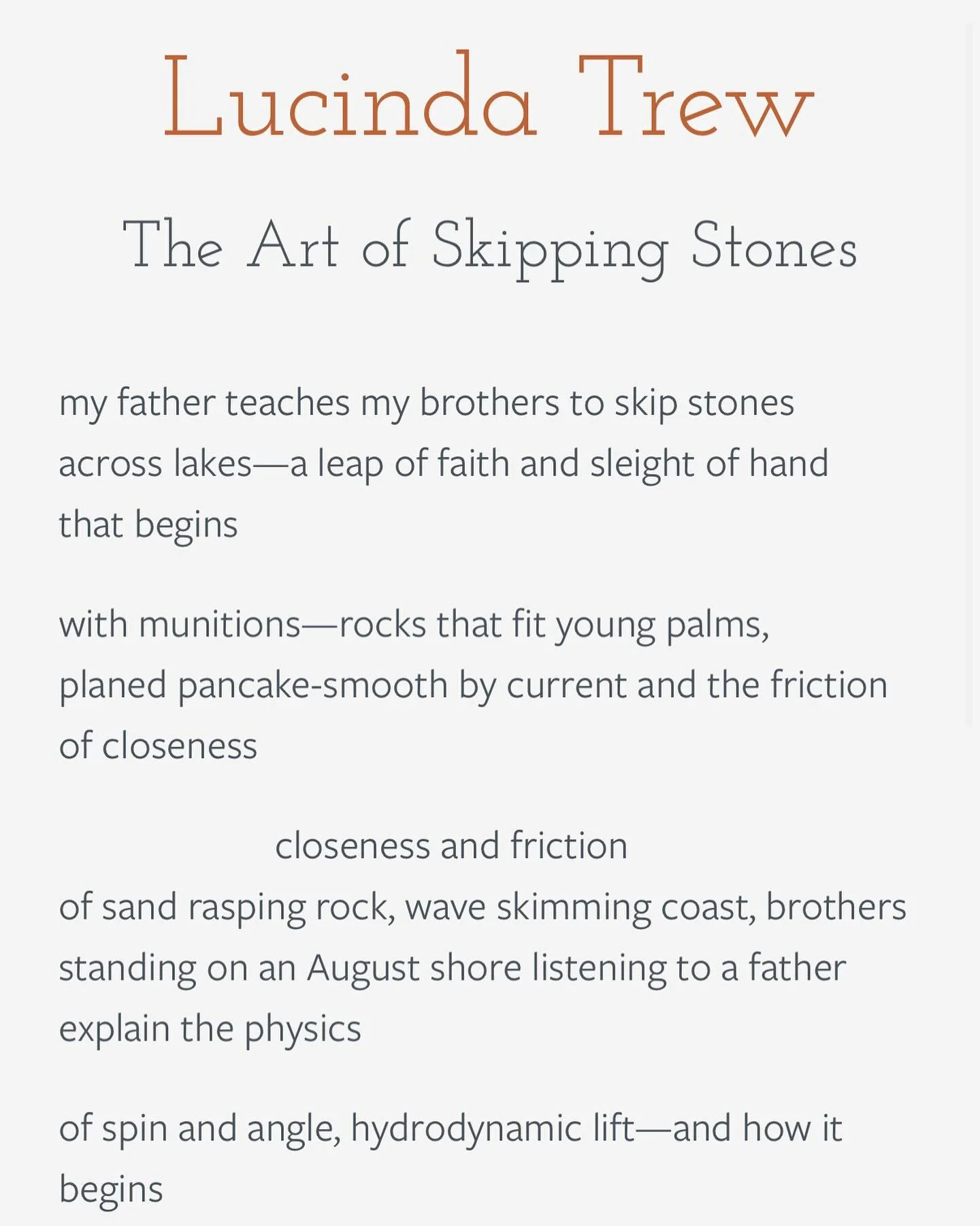 Lucinda Trew, author of What Falls to Ground, writes from the piney, red clay piedmont of North Carolina. She is a Pushcart Prize and Best of the Net nominee and recipient of Boulevard Magazine&rsquo;s 2023 Poetry Contest for Emerging Poets. &ldquo;T