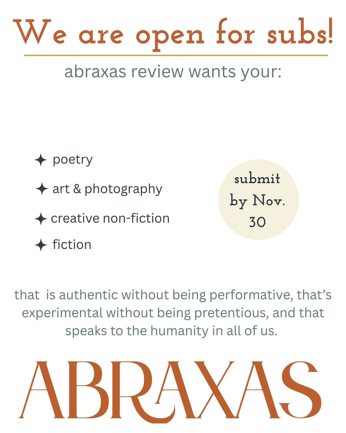 WE ARE OPEN. Now accepting submissions for Issue 4. See details and what we&rsquo;re looking for on our site!