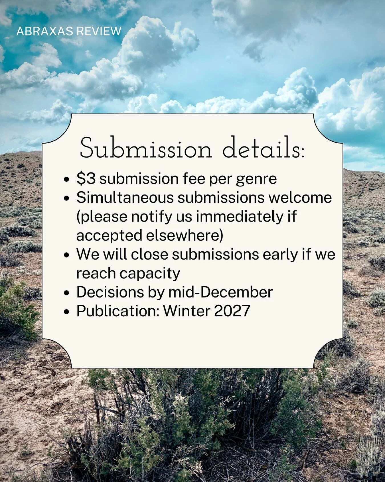 What we offer:
&bull; $10 payment per piece
&bull; Online publication with full author bio and links
&bull; Social media promotion of your work
&bull; Opportunities to contribute craft essays to our blog
&bull; A community that celebrates bold, thoug