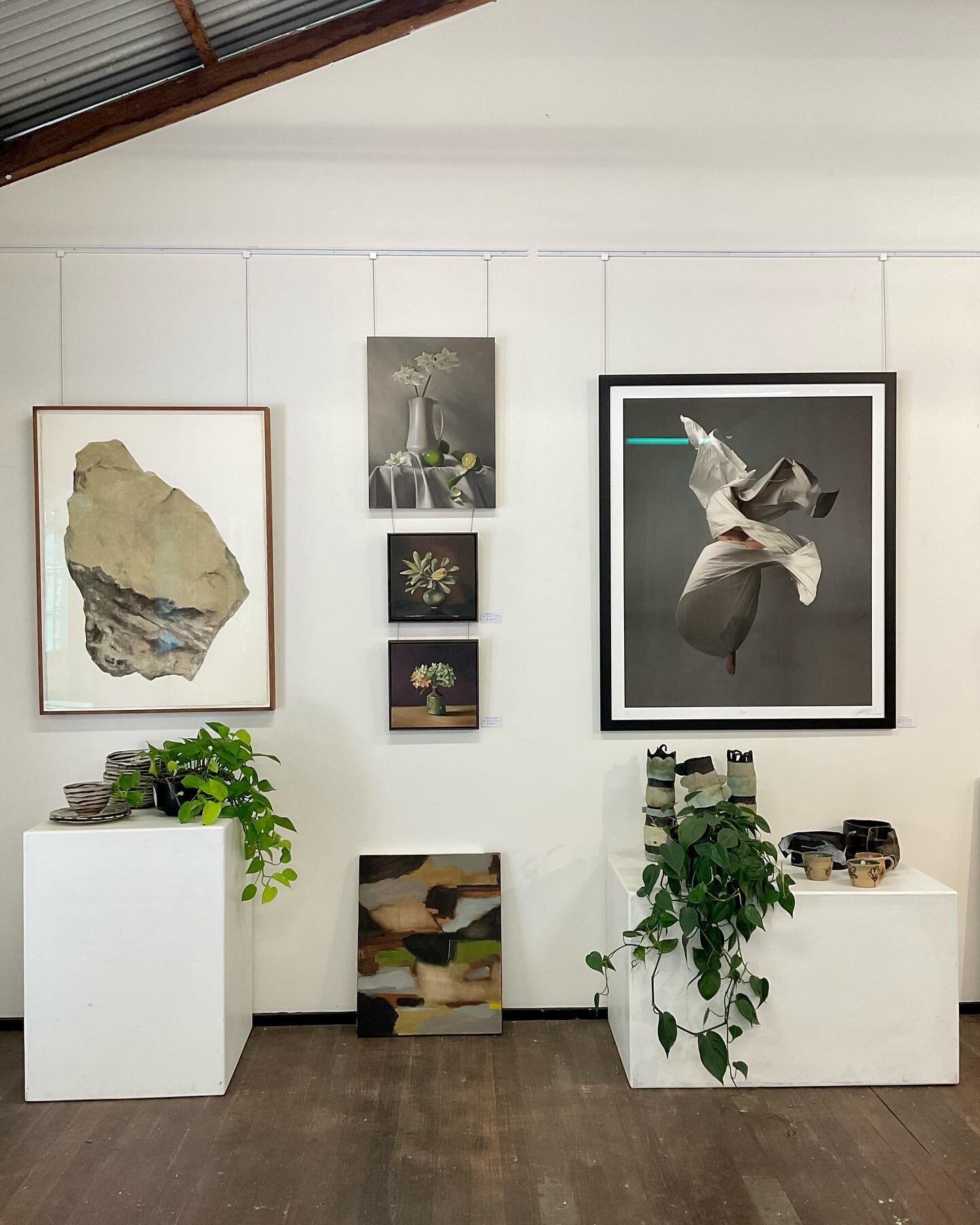 Sunday wall&hellip;&hellip;.. paintings by Christine Willcocks, Kalinda Witchey, Susan Morris, and Michael Cusack. Photograph by Cai Leplaw. Ceramics by Rebecca Ross and BEka