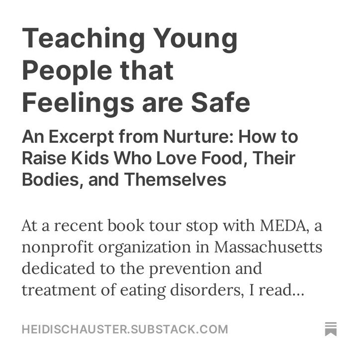 My latest Substack post is an excerpt from my new book about teaching young people that feelings are safe. 

You can find it at https://substack.com/@nourishingwords