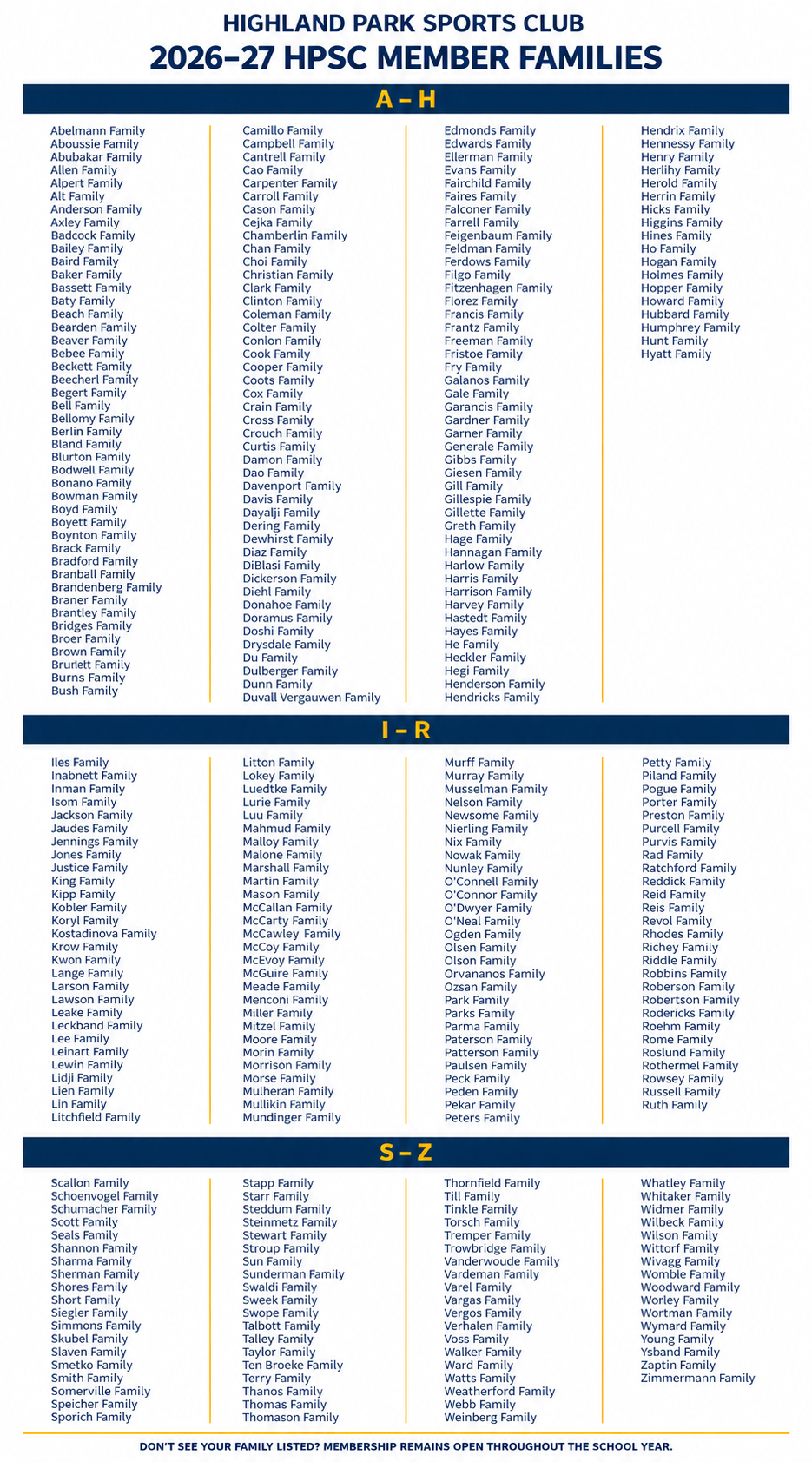 2026-27 Highland Park Sports Club member families