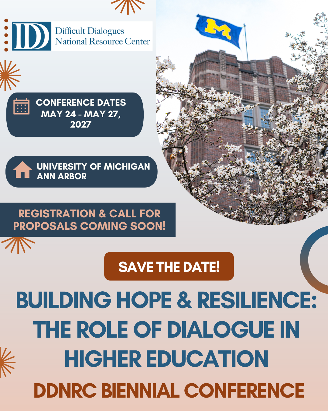 Conference flyer featuring the logo of the Difficult Dialogues National Resource Center, event dates May 24 to May 27, 2027, at the University of Michigan Ann Arbor, with a background image of a brick building, a flag, and blossoming trees, and text about the event theme, registration, and call for proposals.