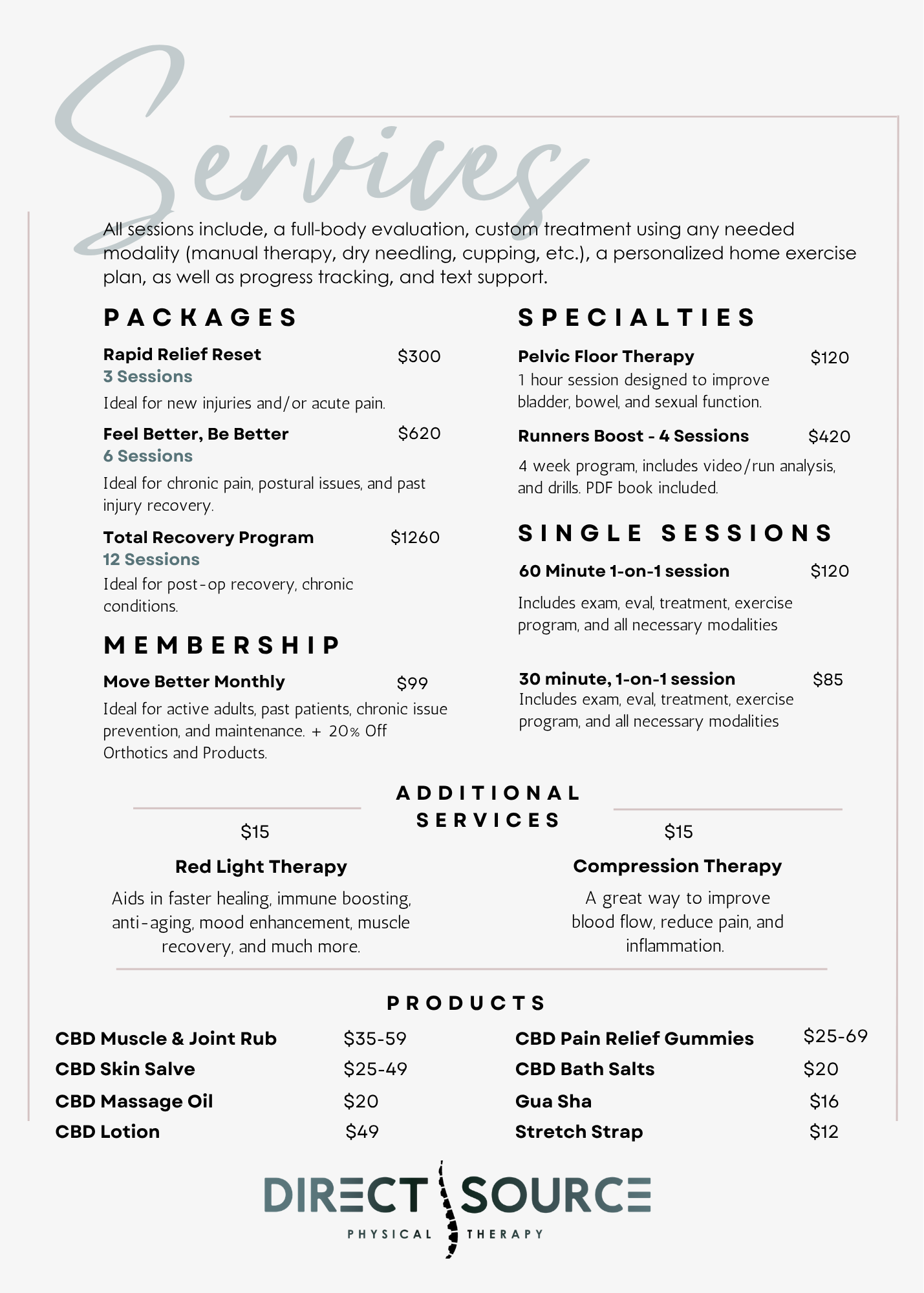 A flyer for a physical therapy services in north metro colorado listing various treatment packages, specialties, single sessions, additional services, and products, with prices included.