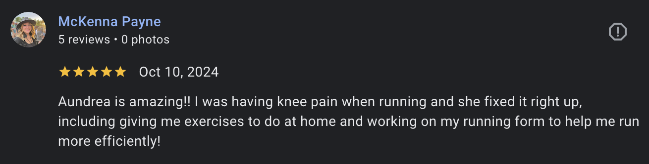 Customer review from McKenna Payne praising Andrea for fixing knee pain during running and providing helpful exercises.