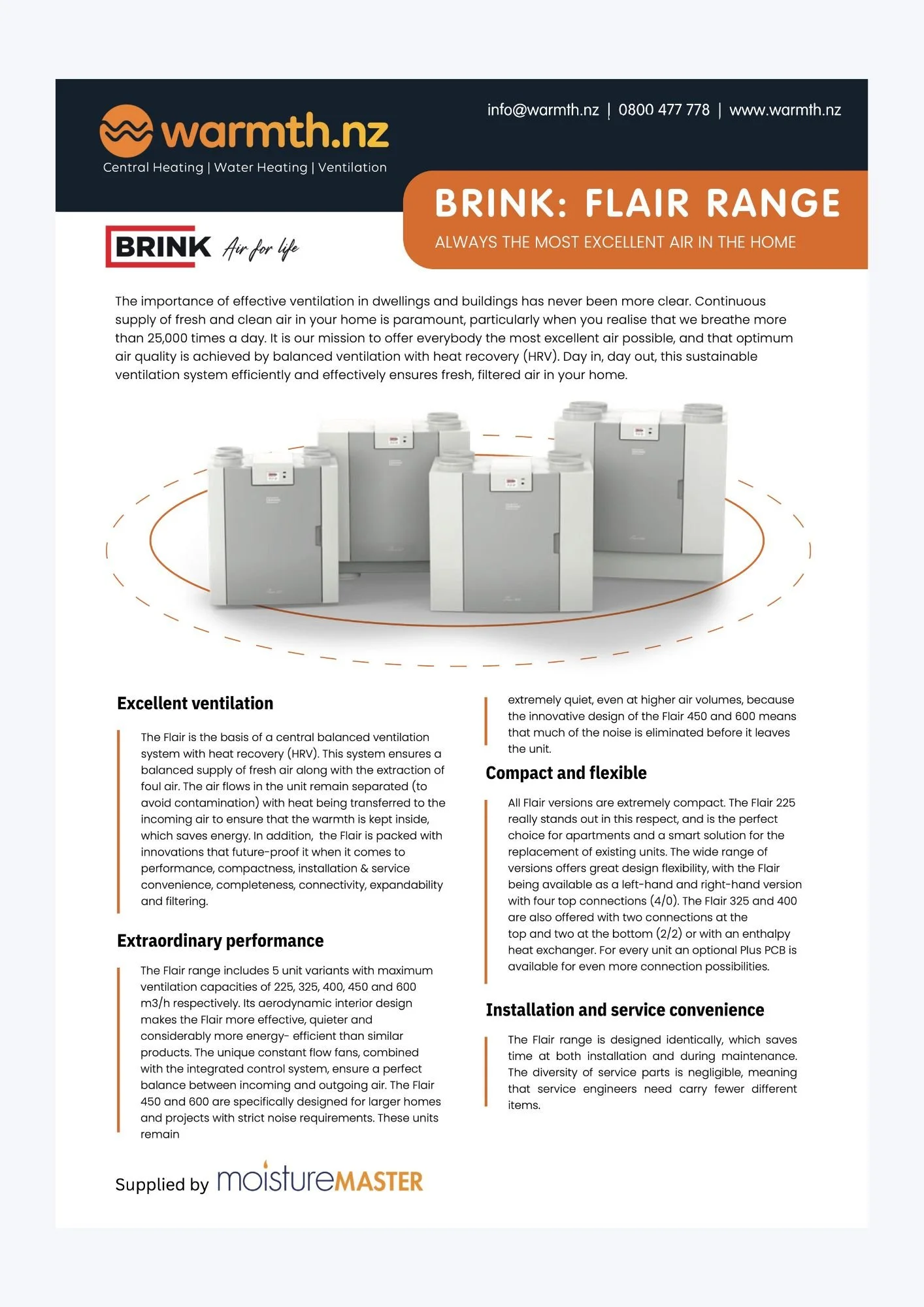 The Brink Flair range is a compact, high‑performance HRV ventilation system that delivers exceptionally quiet, energy‑efficient, balanced fresh‑air supply with advanced controls and high heat‑recovery efficiency.