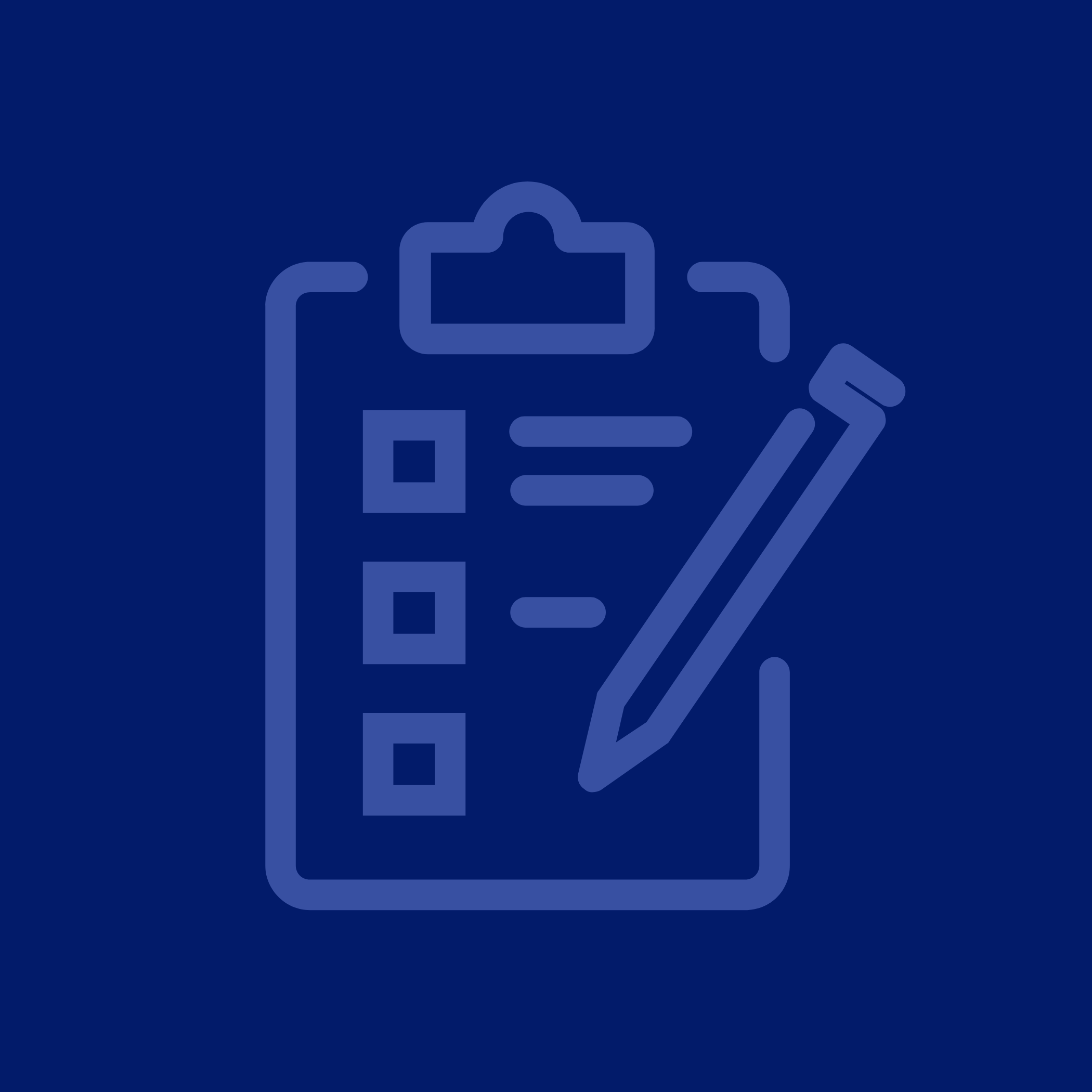 Outline icon of a clipboard with checklist and a pencil.