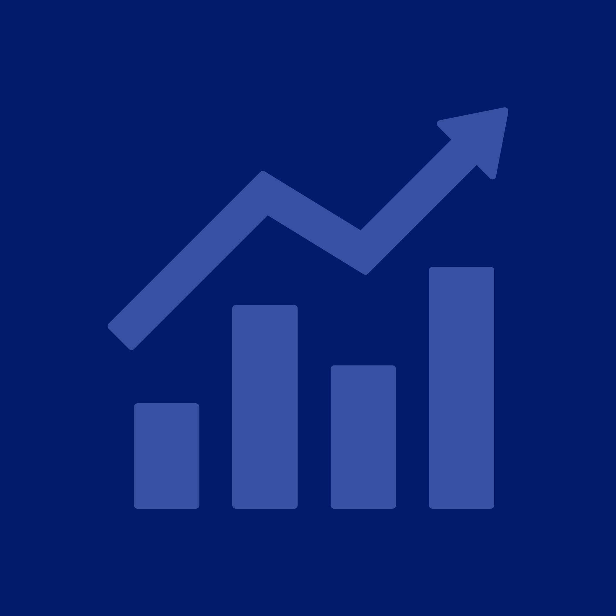 A bar chart with an upward trending line on a dark blue background.
