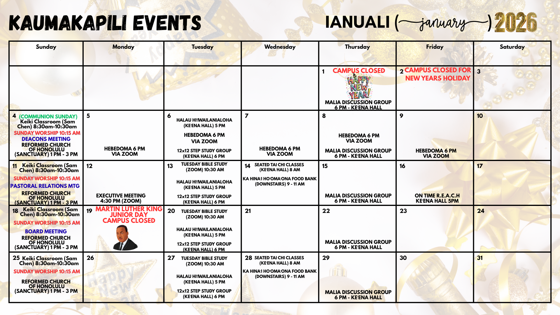 January 2026 calendar for Kaumakapili Events with dates and activities. Notable events include campus closures on January 1, 2, and 19, and the Foodbank on January 14 and 28.