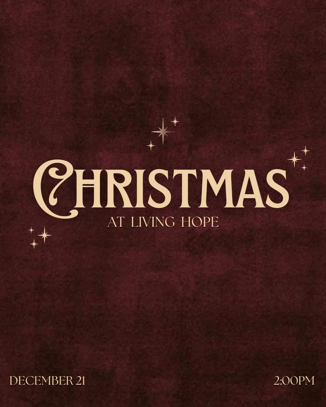You are invited to Christmas with Living Hope! We are so excited to celebrate the birth of our savior Jesus and would love for you to be there!🎄💫

Dec. 21st @ 2pm
Dec. 23rd @ 7pm

Send this to someone in your life that you want to see at church thi