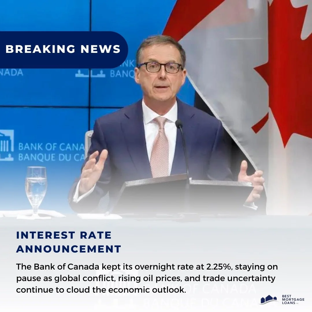 📊 Rate Update: The Bank of Canada held its overnight rate at 2.25% today, staying on pause as global conflict, rising oil prices, trade uncertainty, and a weakening labour market continue to cloud the economic outlook.

🌎 Globally, uncertainty rema