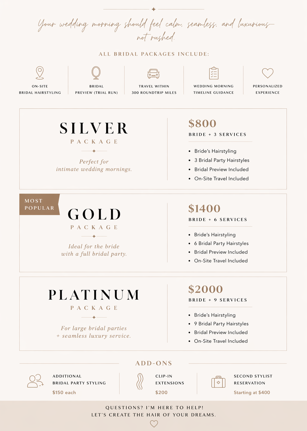 Wedding package price list with options for Silver, Gold, and Platinum packages, including details and prices, with icons for on-site bridal styling, bridal preview, travel, wedding guidance, and experience.