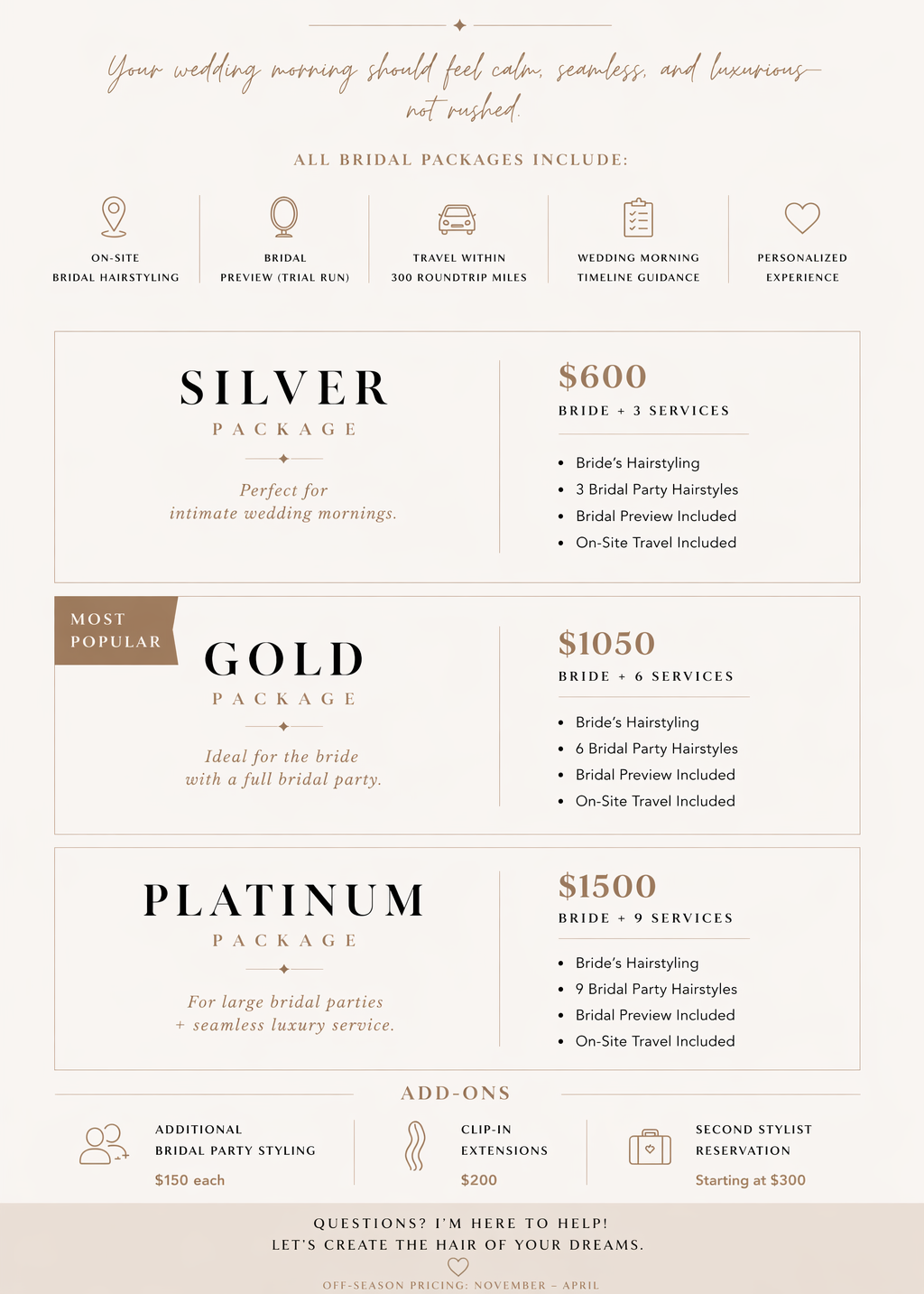 Wedding planning infographic listing bridal packages with prices and services, including Silver, Gold, and Platinum options, and additional add-ons.