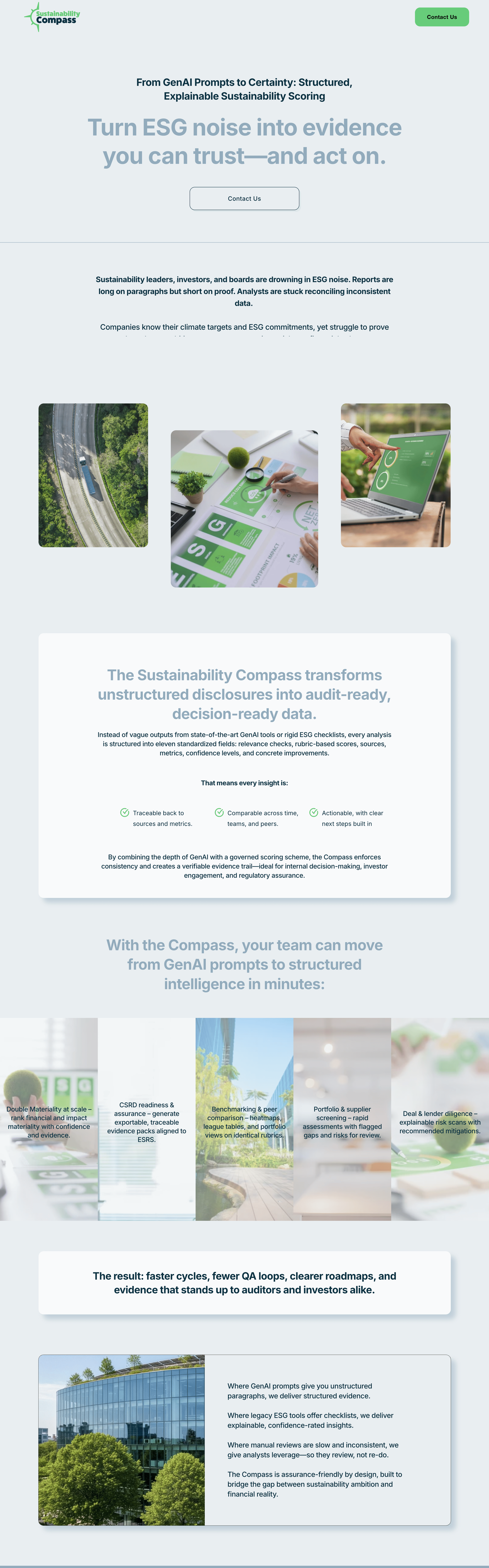 Sustainability Compass website homepage with text about transforming ESG disclosures into structured, audit-ready data, featuring images of roads, hand using a tablet, skyscraper, and green office buildings.
