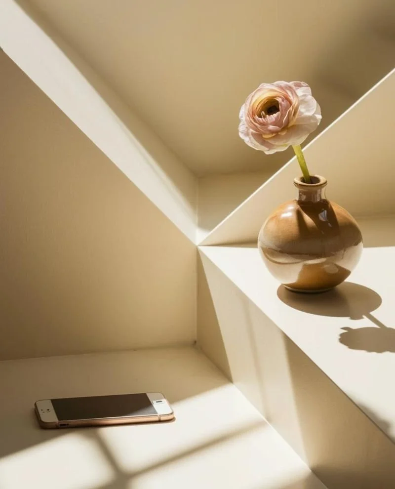 A beige-tinted flower in a small round ceramic vase placed on a white corner shelf, with a smartphone lying flat on the surface below. The scene is illuminated by natural light, casting shadows of the flower and vase.