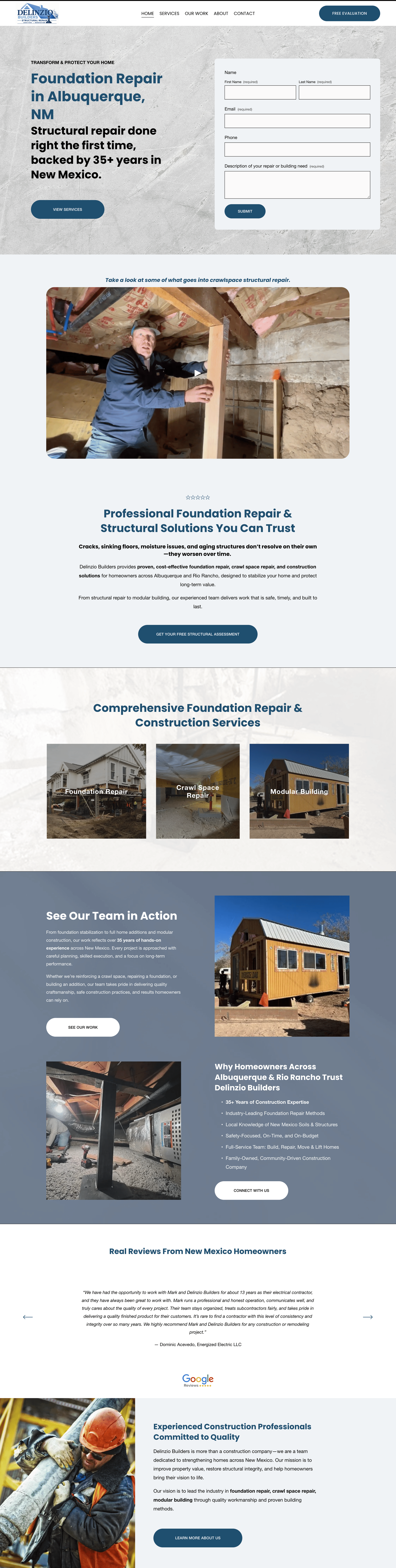 Screenshot of a foundation repair company's website homepage, showing a header with navigation, a form to request services, an image of a worker inspecting a crawl space, and sections describing services like foundation repair, crawl space repair, and modular building, along with customer reviews.