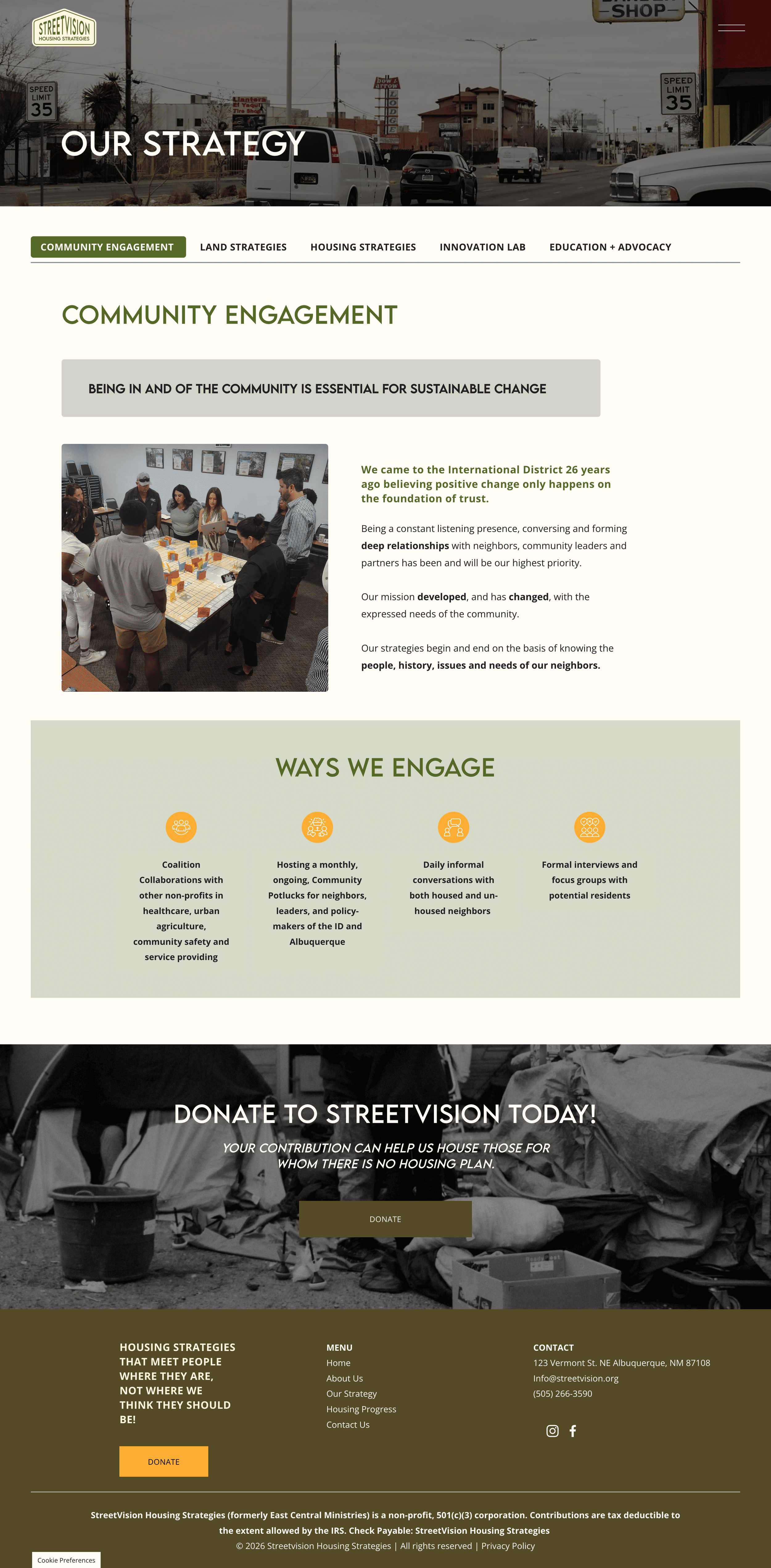 A webpage showing StreetVision Housing Strategies' community engagement initiatives, including a photo of a community meeting and information about outreach activities.