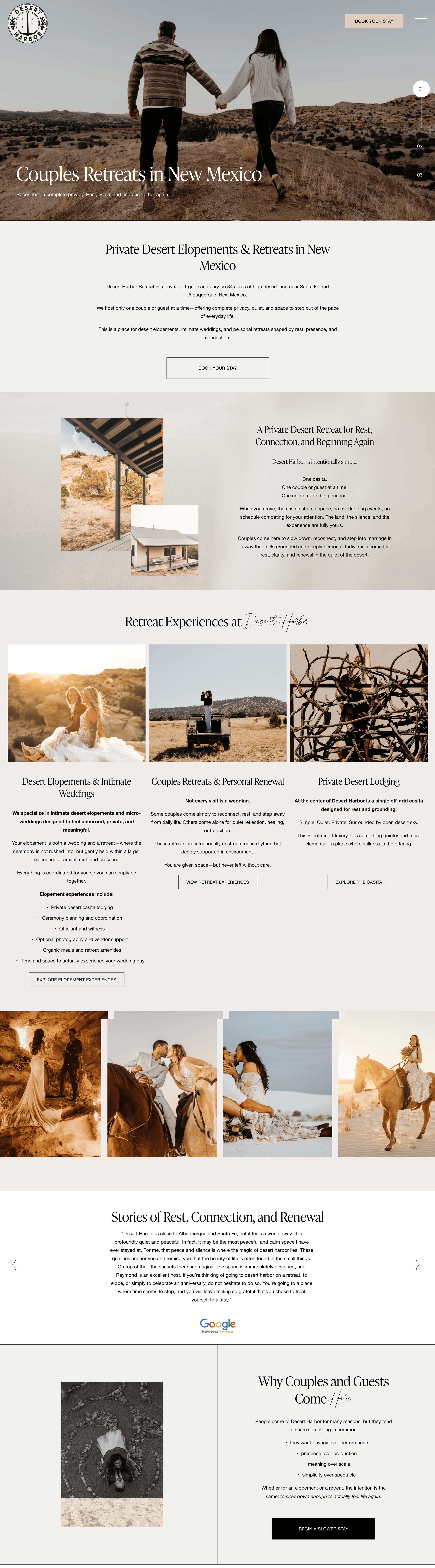 A website homepage promoting couples retreats in New Mexico featuring outdoor desert scenery, couple photos, and retreat experiences.