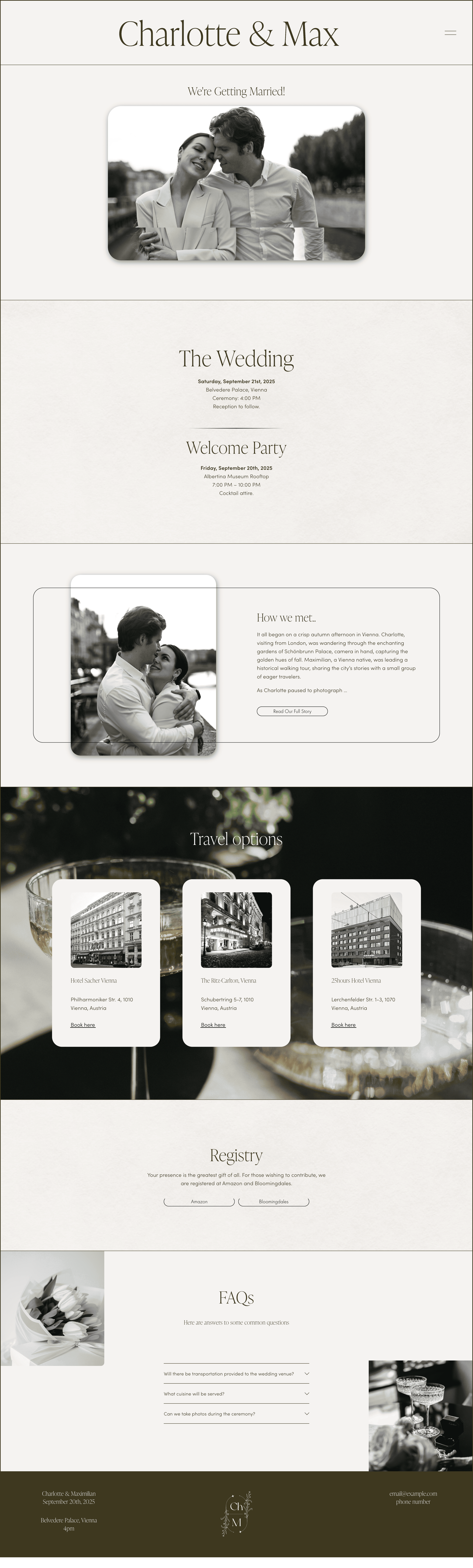 Wedding website homepage featuring black-and-white photos of a couple, wedding details, travel options, registry, and FAQs.