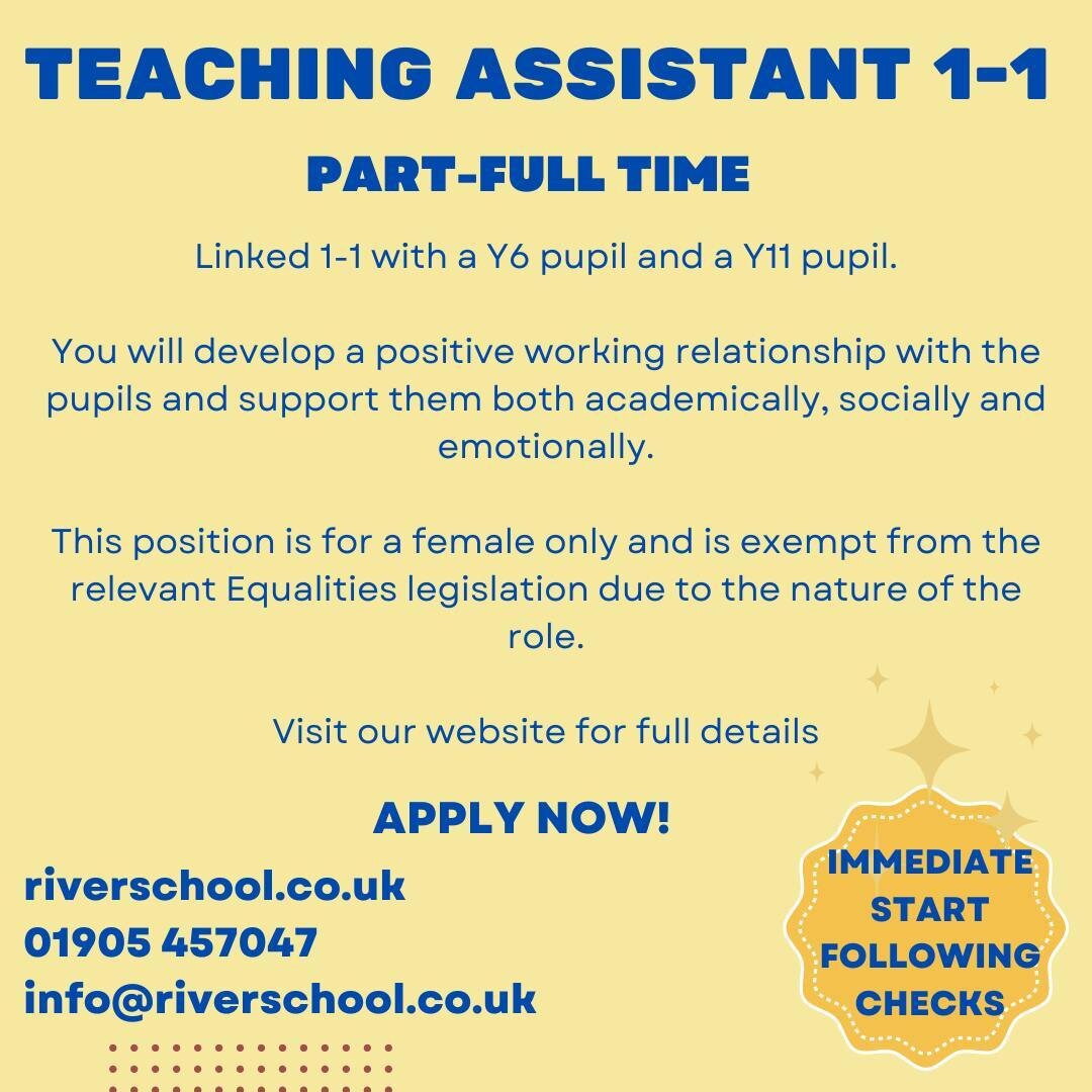 Website link in bio

#theriverschool #vacancies #education #educationsjobs #teachingassistantjobs #worcester