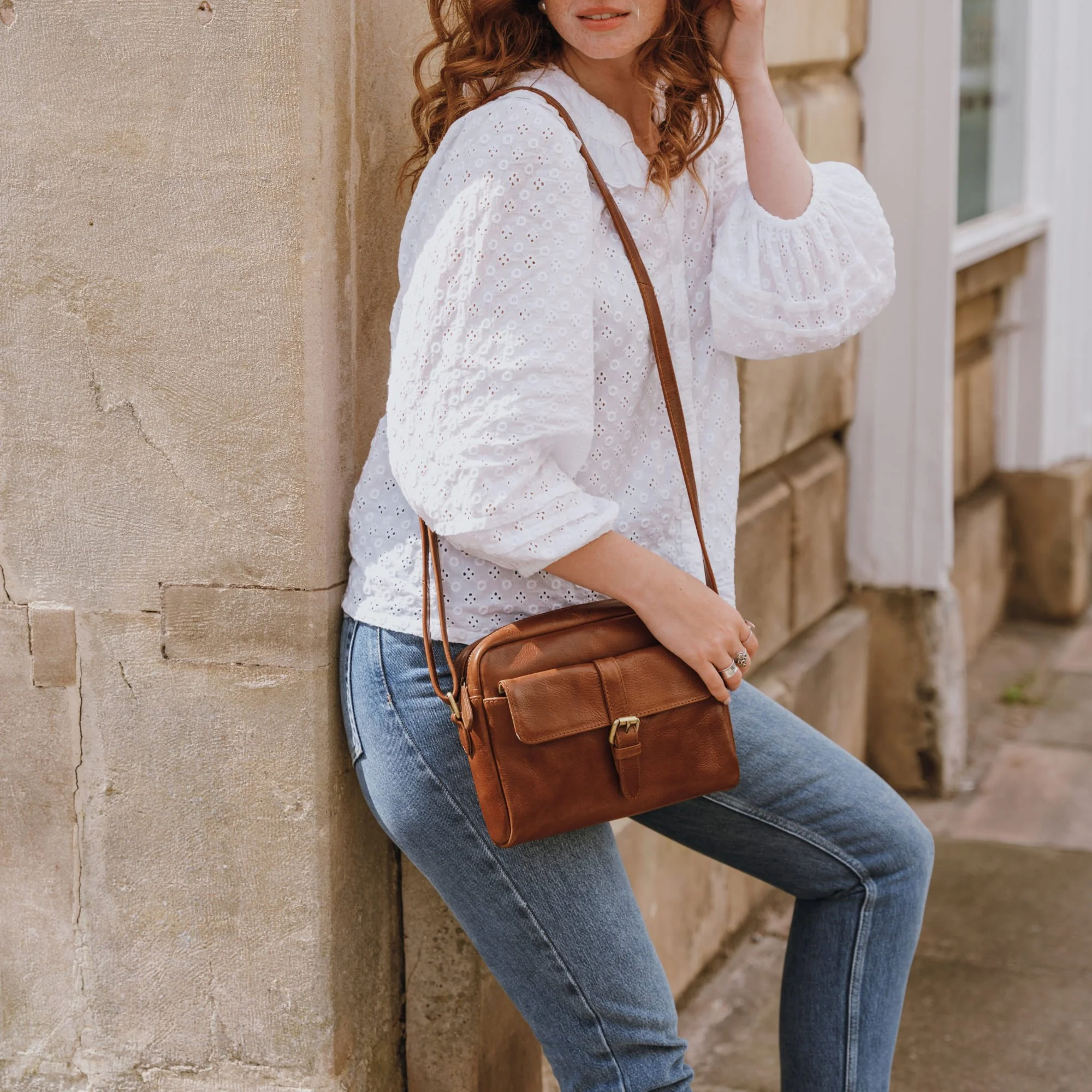 Hallie Leather Pocket Crossbody Bag, Tan