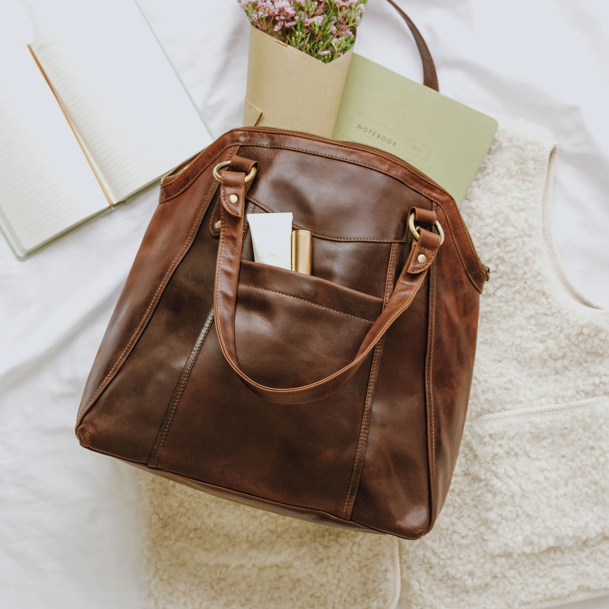 Chelsea brown full grain leather tote bag shown from the front